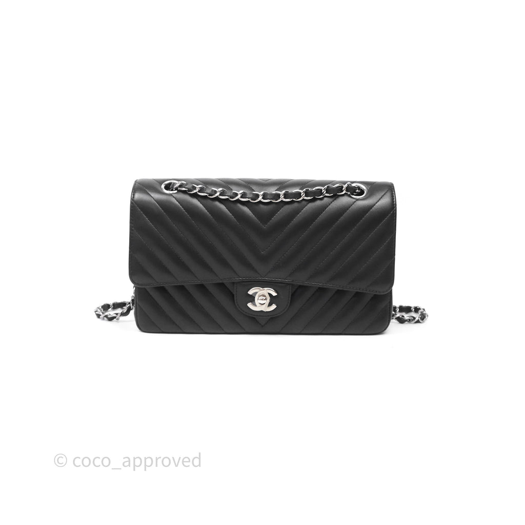 Chanel Classic M/L Medium Flap Chevron Black Lambskin Silver Hardware