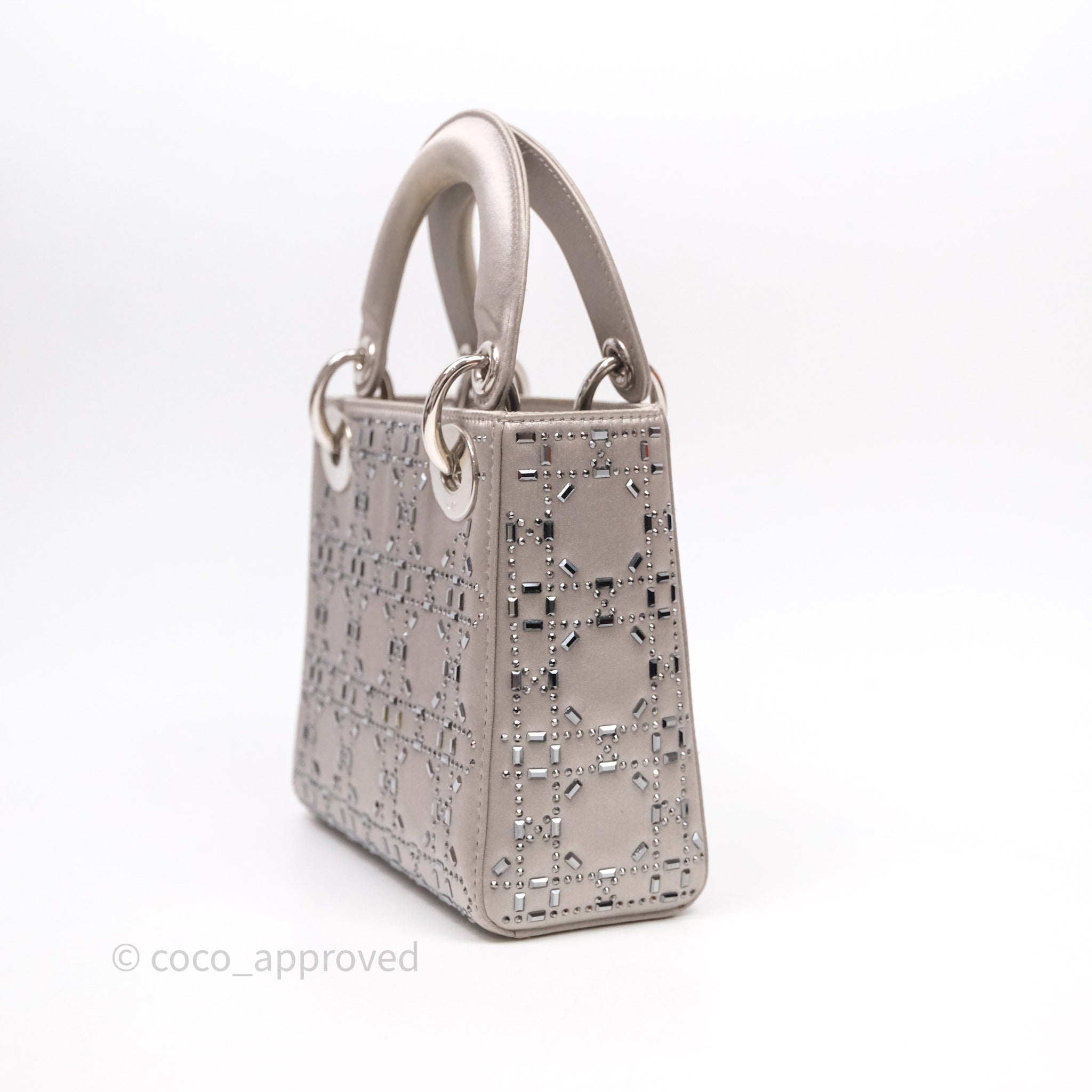Christian Dior Mini Lady Dior Bag Grey Strass Cannage Satin Silver