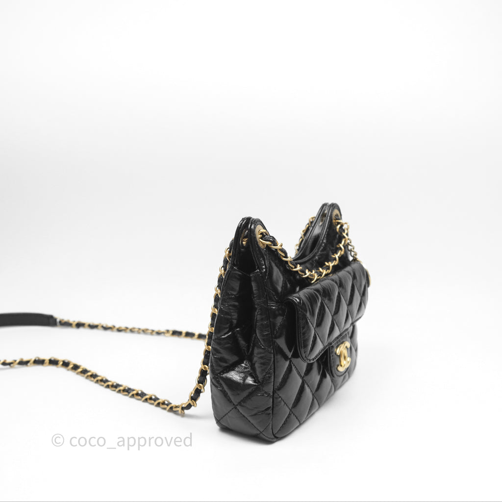 Chanel Small Wavy CC Hobo Black Shiny Crumpled Calfskin Aged Gold Hardware 23C