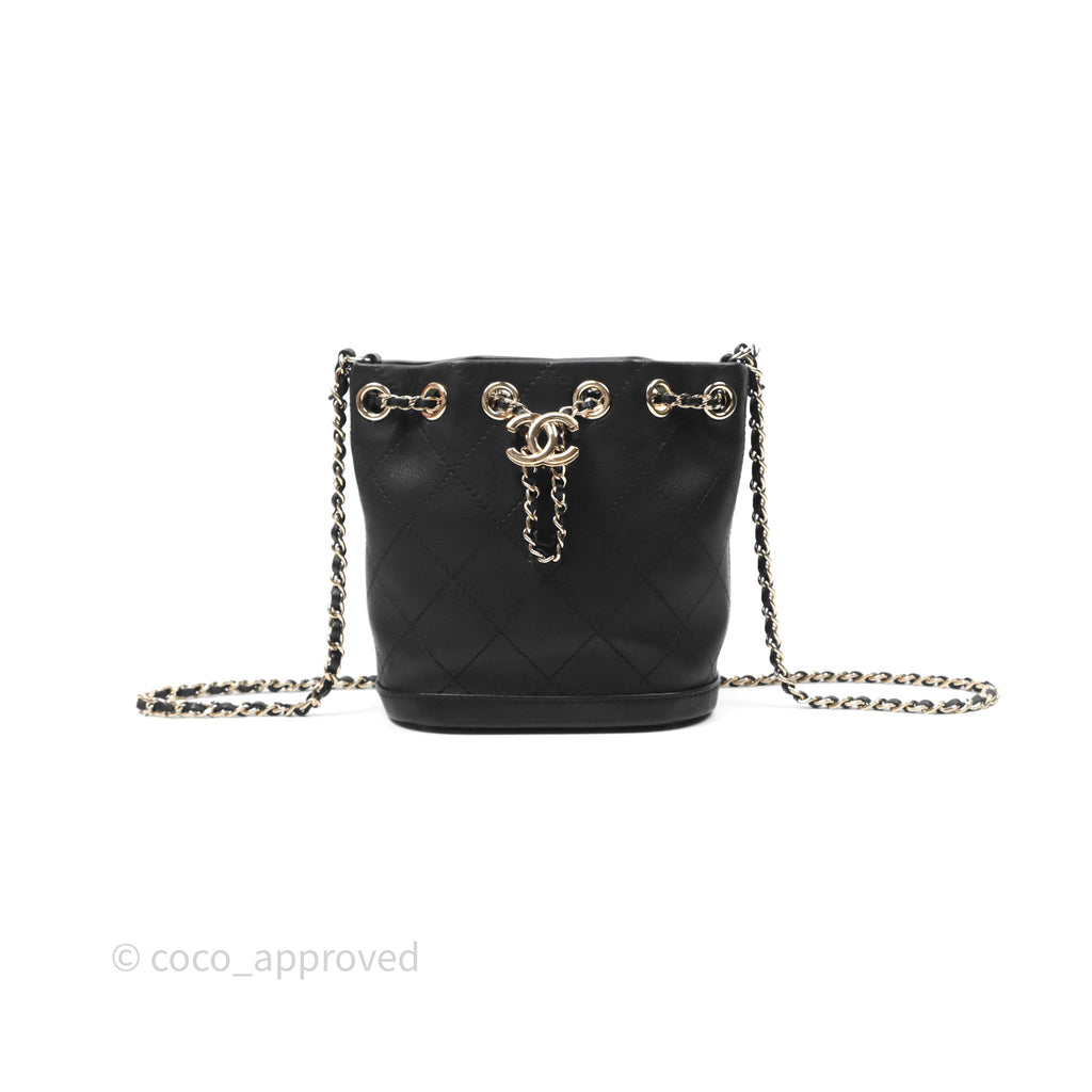 Chanel Quilted Drawstring Bucket Bag Black Calfskin Gold Hardware