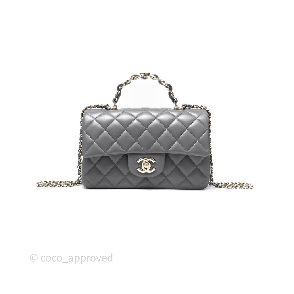 Chanel Top Handle Mini Rectangular Flap Grey Lambskin Gold Hardware