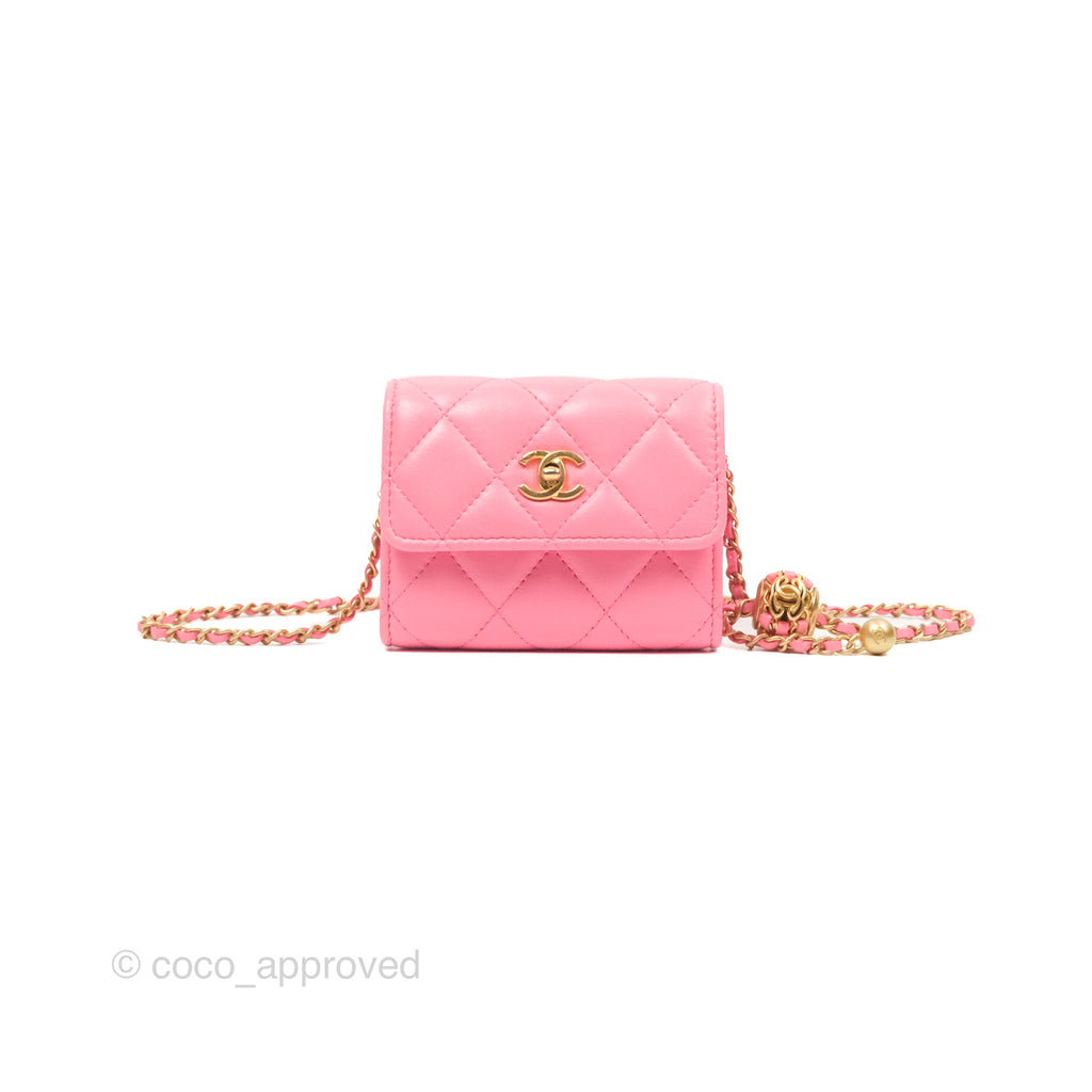 Chanel Pearl Crush Mini Clutch With Chain Pink Lambskin Aged Gold Hardware
