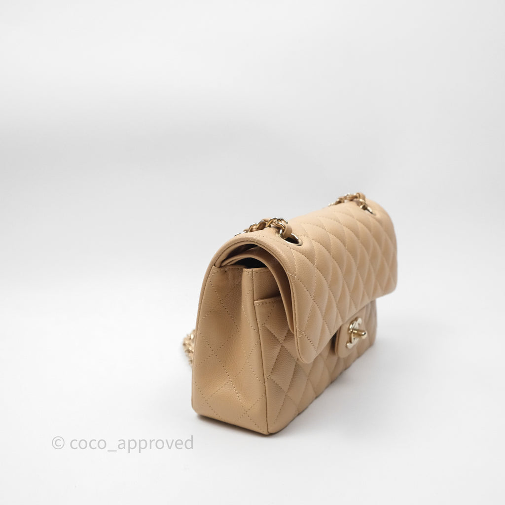 Chanel Classic Small S/M Quilted Flap Beige Caviar Gold Hardware