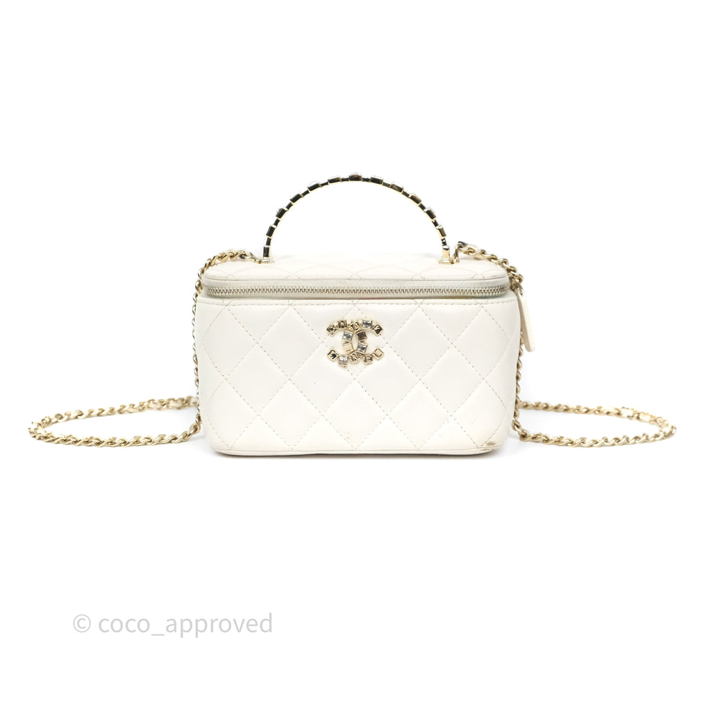Chanel Logo Crystals Top Handle Vanity Rectangular White Lambskin Gold Hardware