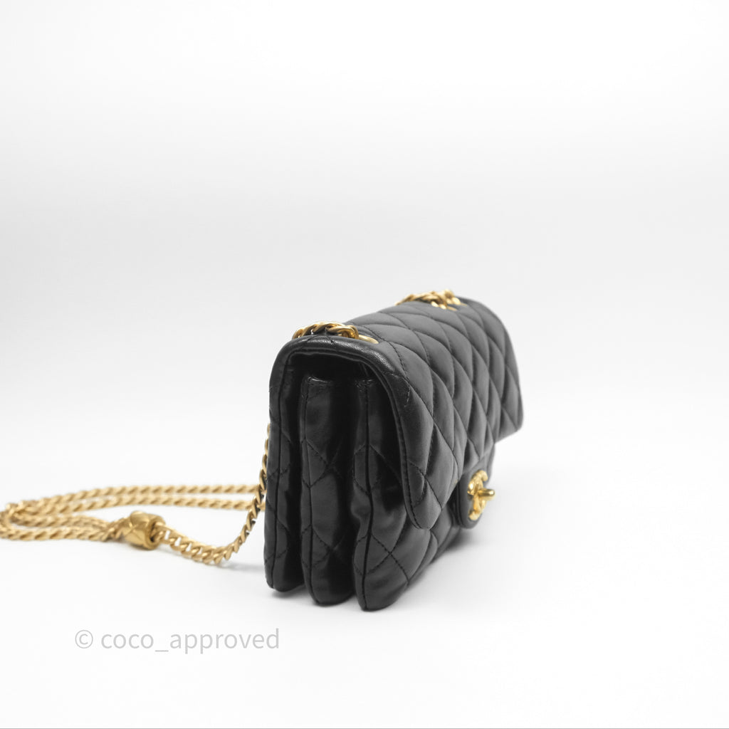 Chanel Small All Slide Adjustable Chain Flap Bag Black Lambskin Aged Gold Hardware 22K
