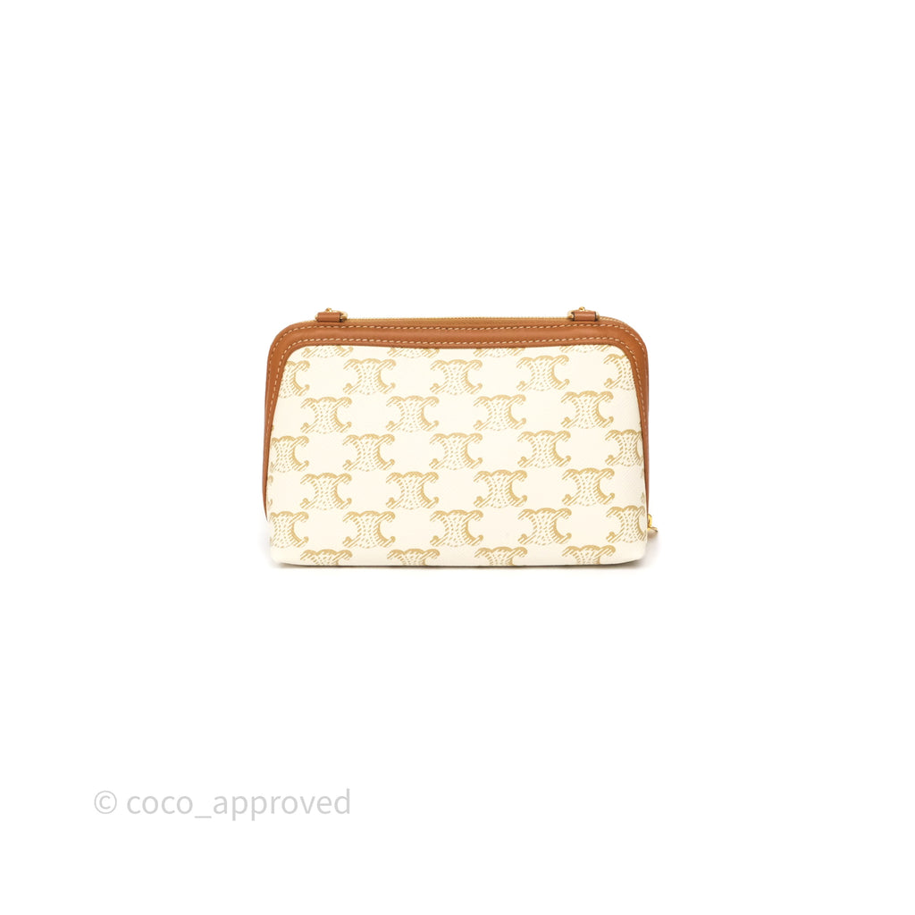 Celine Clutch With Chain Triomphe Canvas Lambskin White/Tan