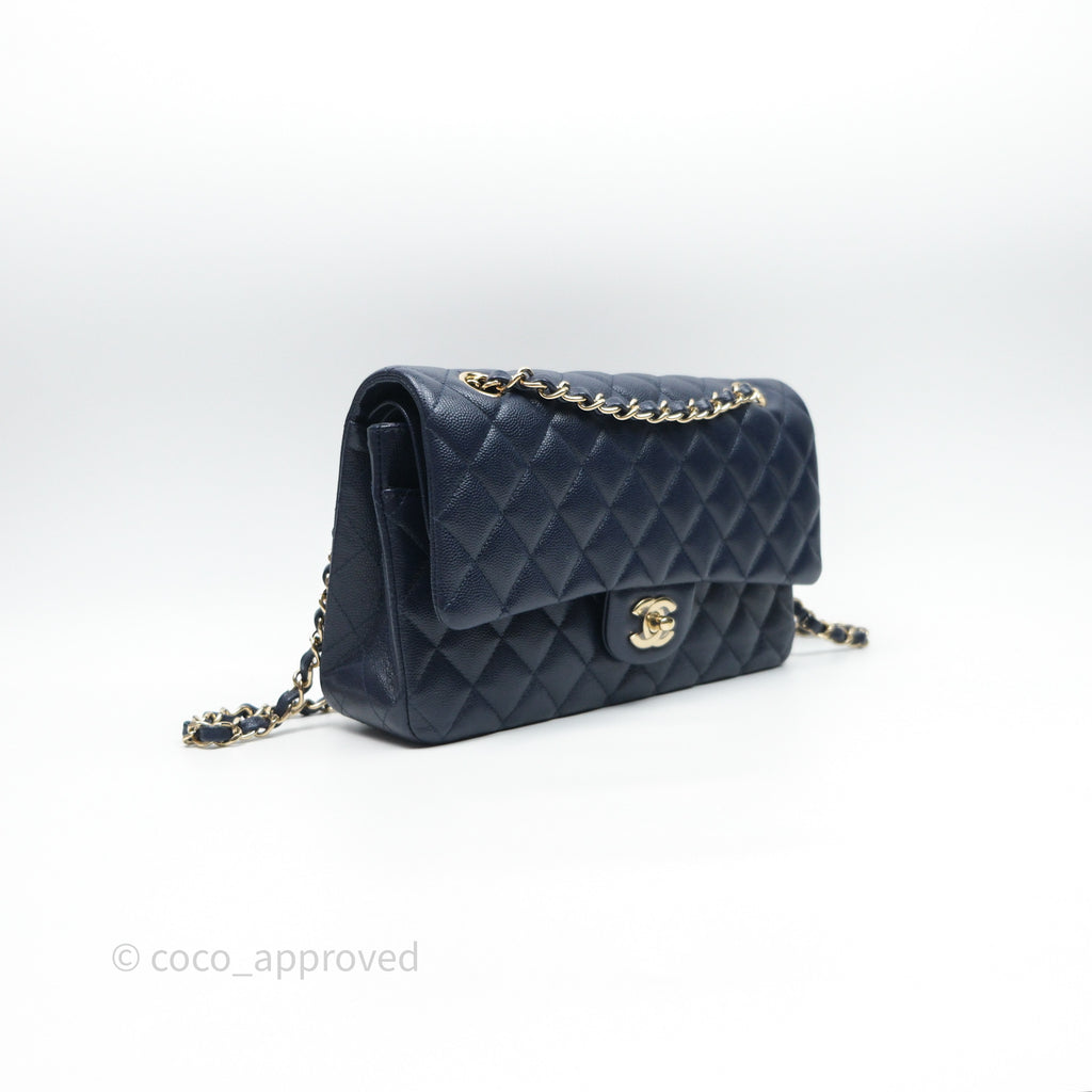 Chanel Classic M/L Medium Flap Quilted Navy Caviar Gold Hardware 21S