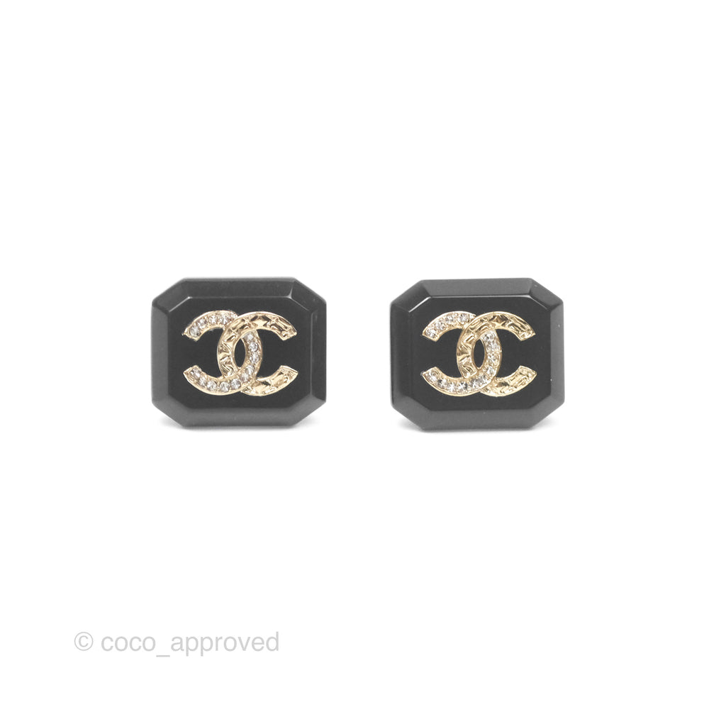 Chanel Crystal CC Resin Black Earrings Gold Tone 23A