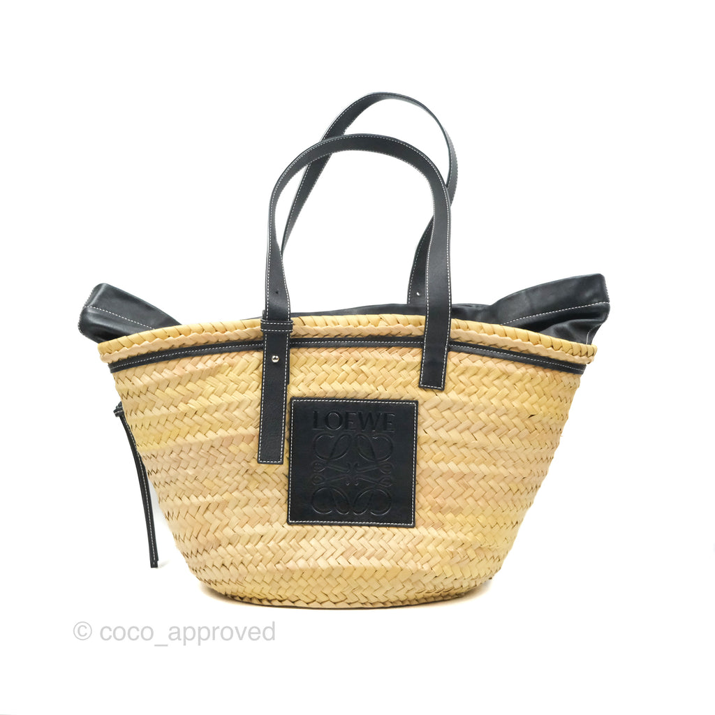 Loewe Woven Basket Bag Black Leather Natural Palm Leaf