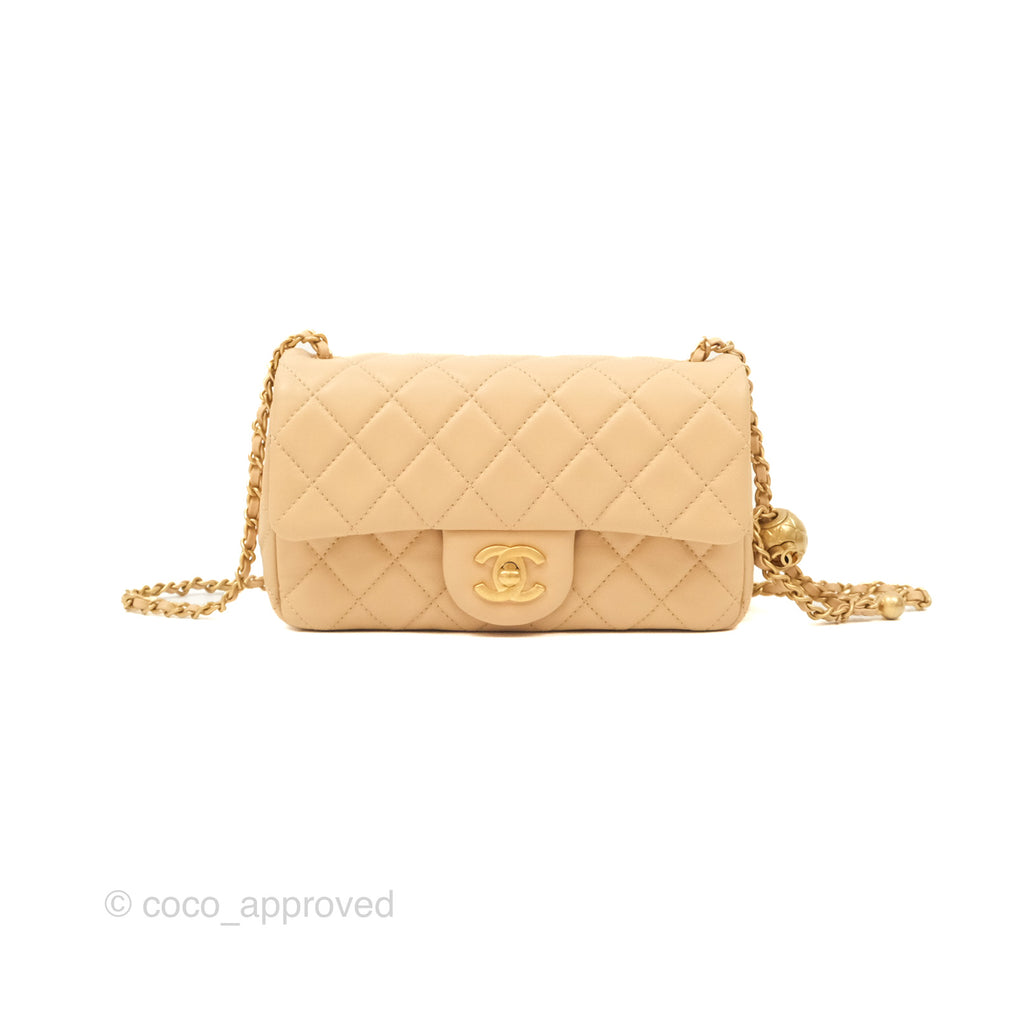 Chanel Pearl Crush Mini Rectangular Beige Lambskin Aged Gold Hardware