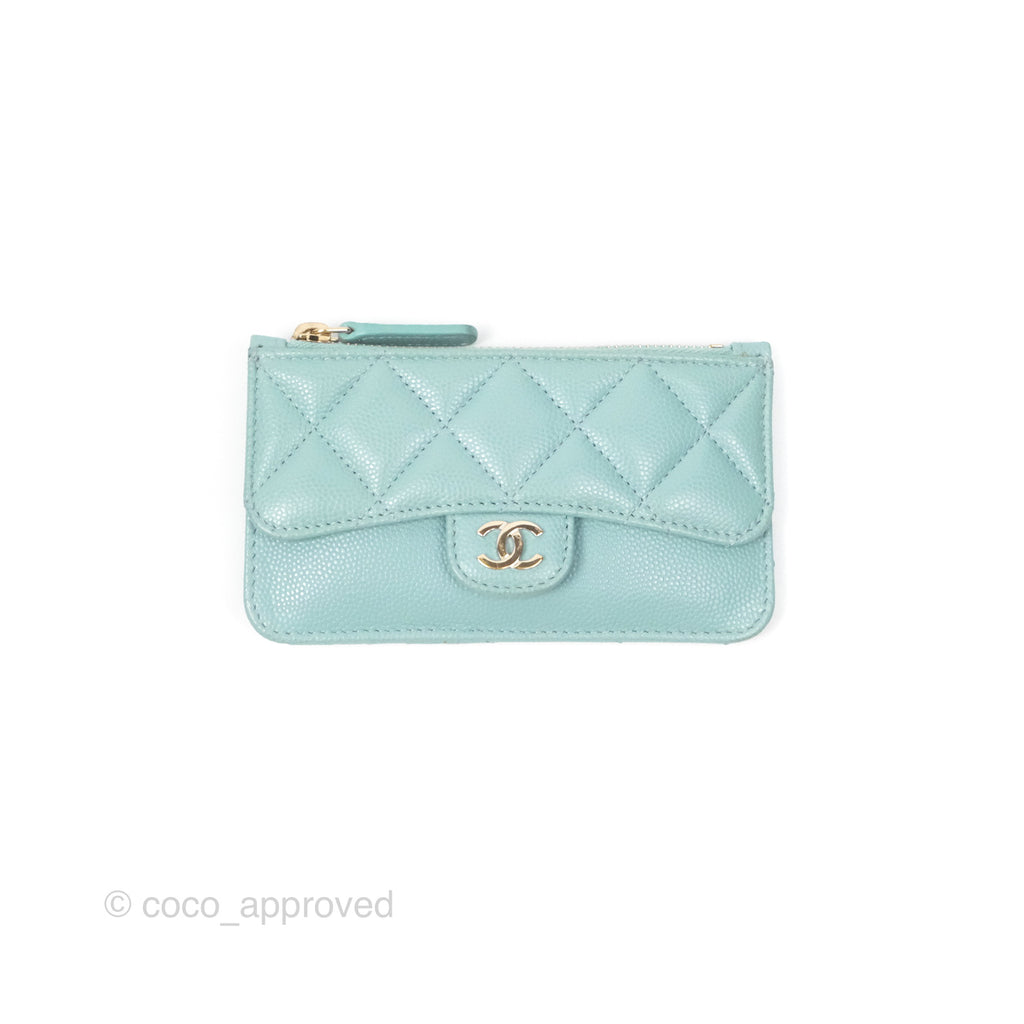 Chanel Quilted Zip Flap Card Holder Tiffany Blue Caviar Gold Hardware