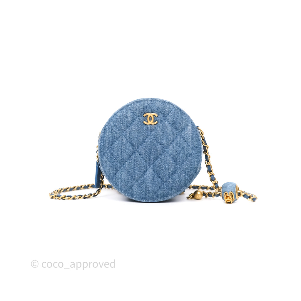 Chanel Pearl Crush Round Clutch With Chain Quilted Denim Aged Gold Hardware