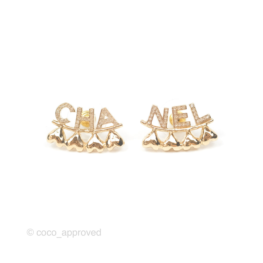 Chanel Crystal CHA-NEL Heart Earrings Gold Tone 23P