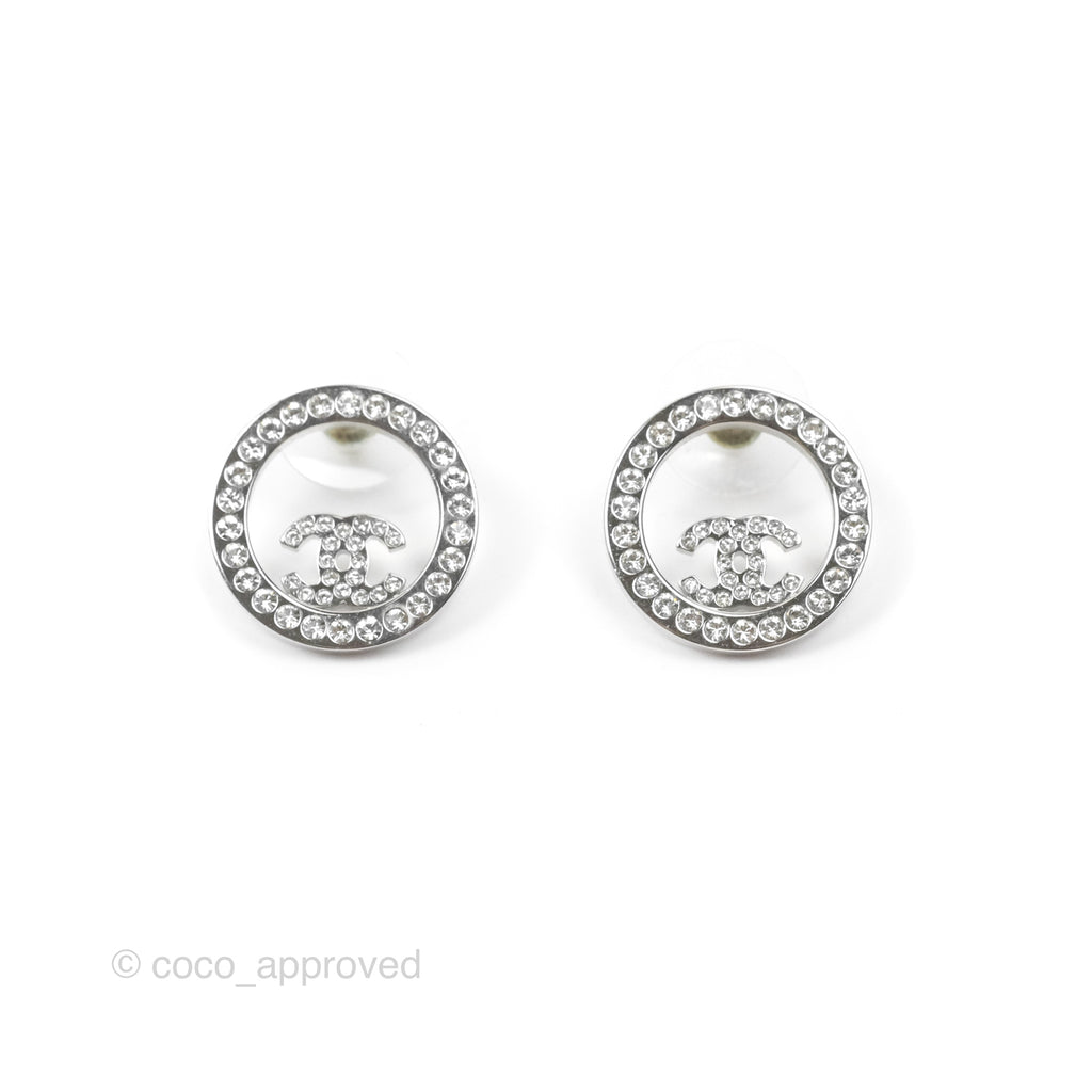 Chanel Crystal CC Round Earrings Silver Tone 21V