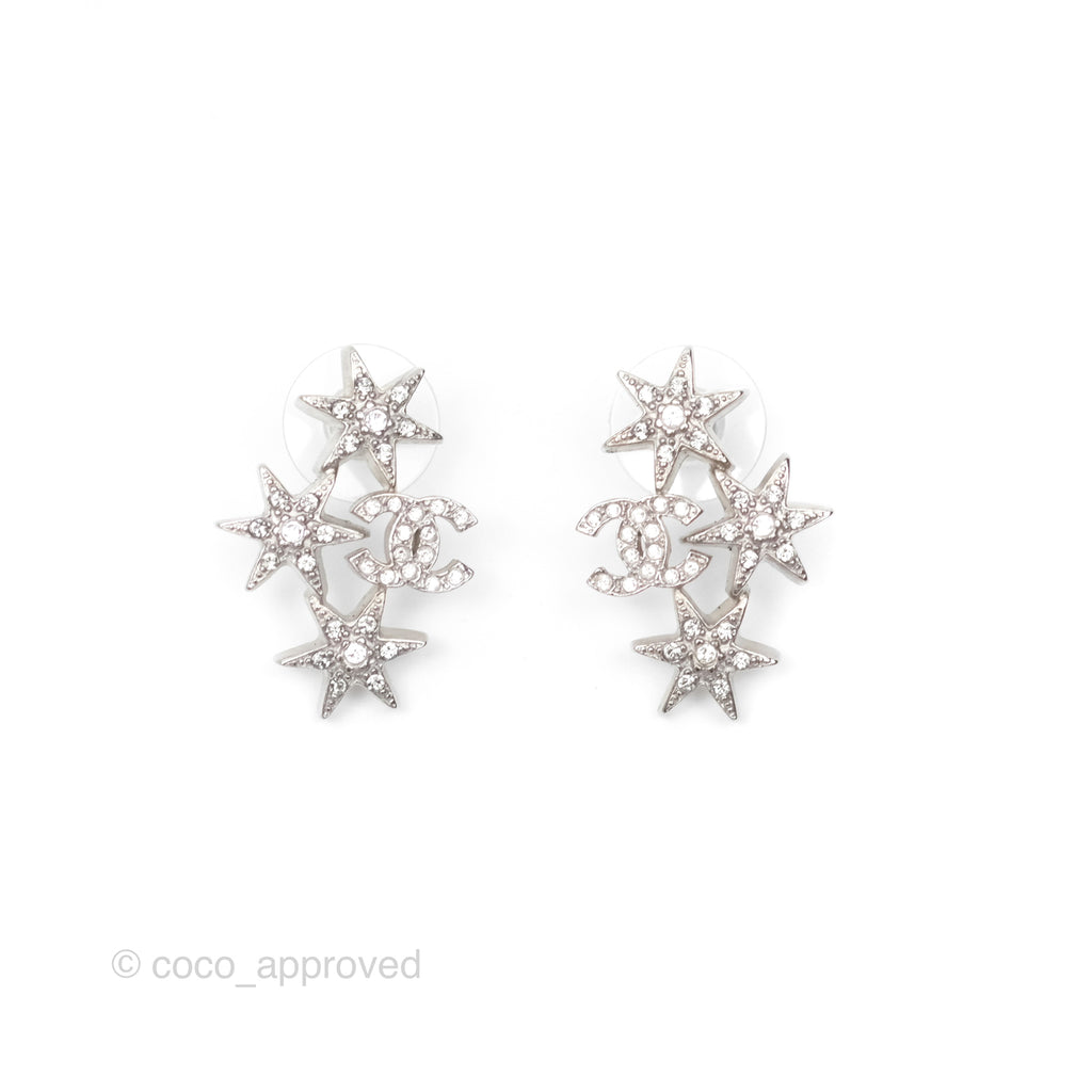 Chanel CC Star Crystal Earrings Silver Tone 16V