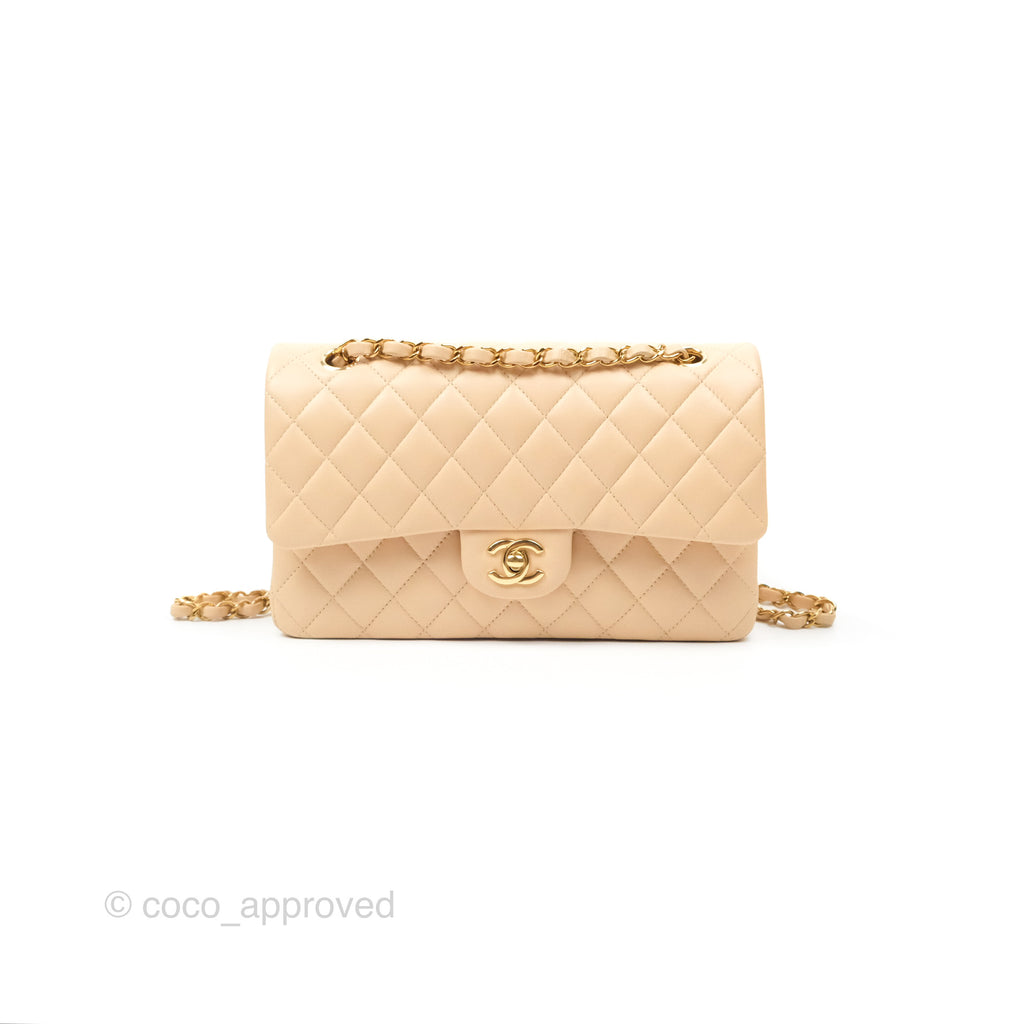 Chanel Classic M/L Medium Flap Quilted Beige Lambskin Gold Hardware