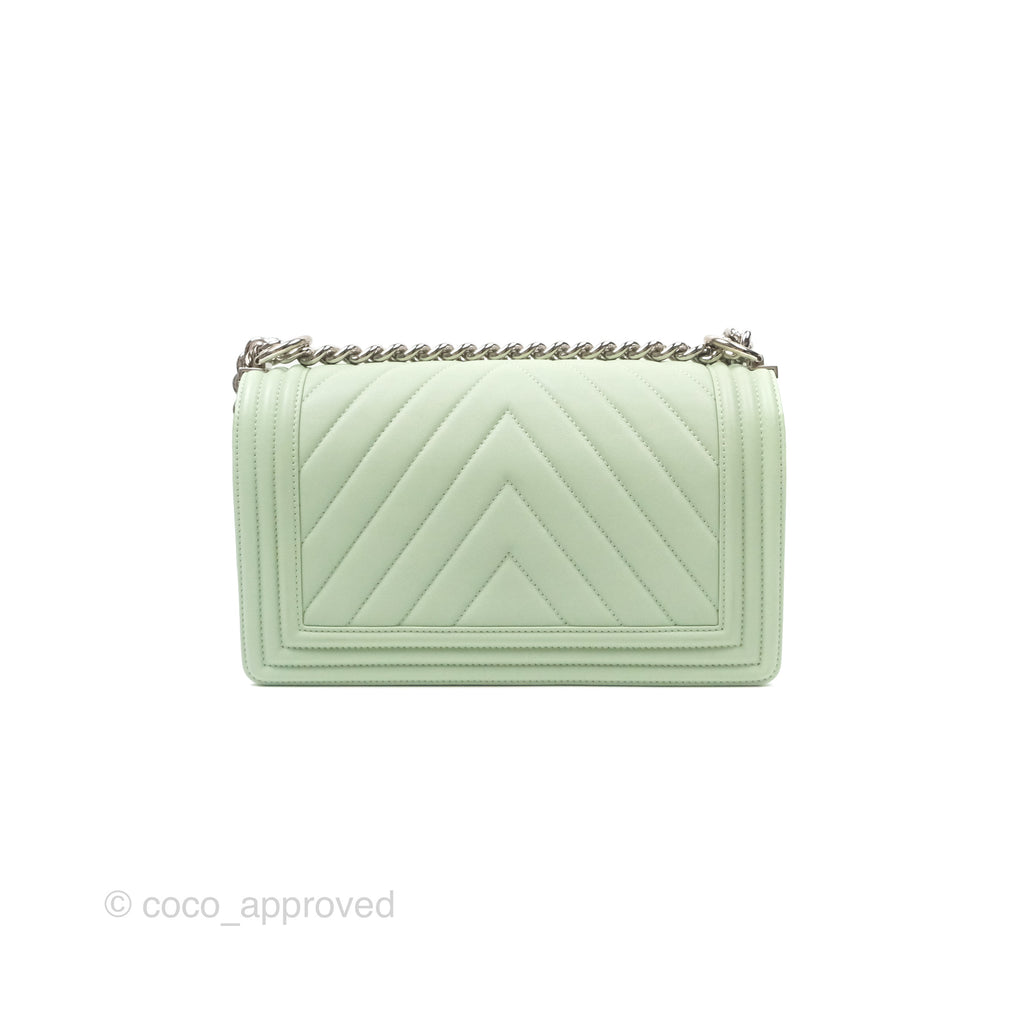 Chanel Medium Chevron Boy Mint Green Calfskin Silver Hardware