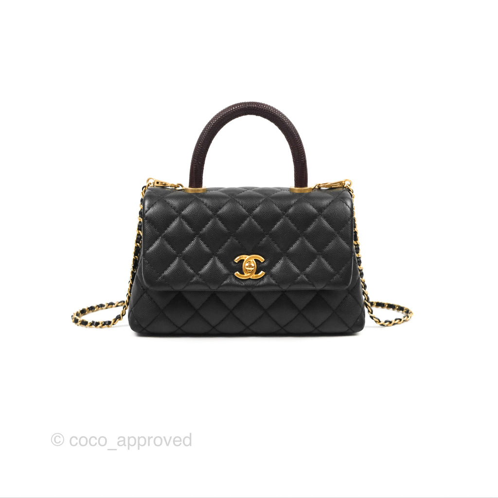 Chanel Small Coco Handle Quilted Black Caviar Aged Gold Hardware Lizard Handle