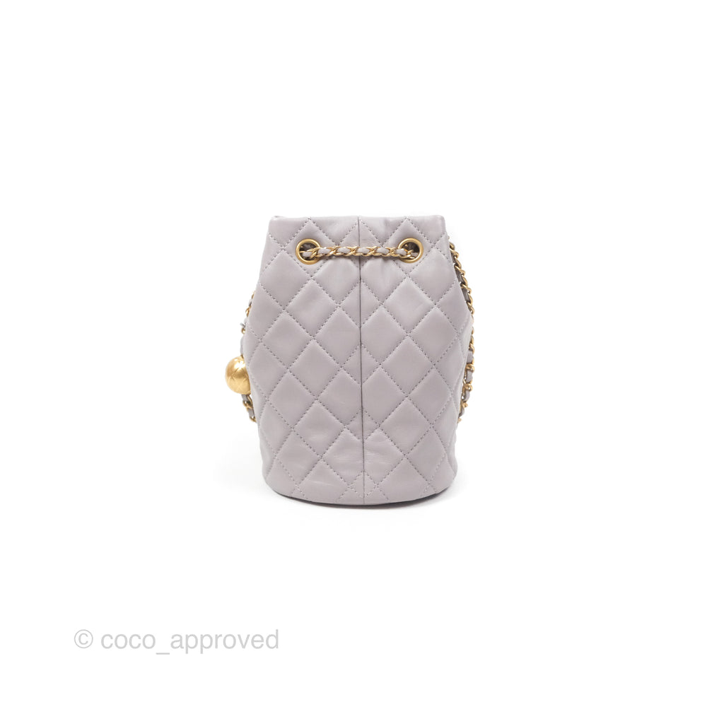 Chanel Pearl Crush Drawstring Bucket Bag Grey Lambskin Aged Gold Hardware