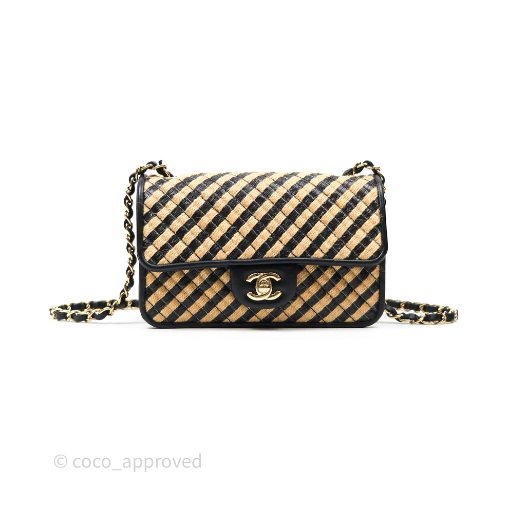 Chanel Quilted Mini Rectangular Flap Raffia Jute Thread Black & Beige Gold Hardware