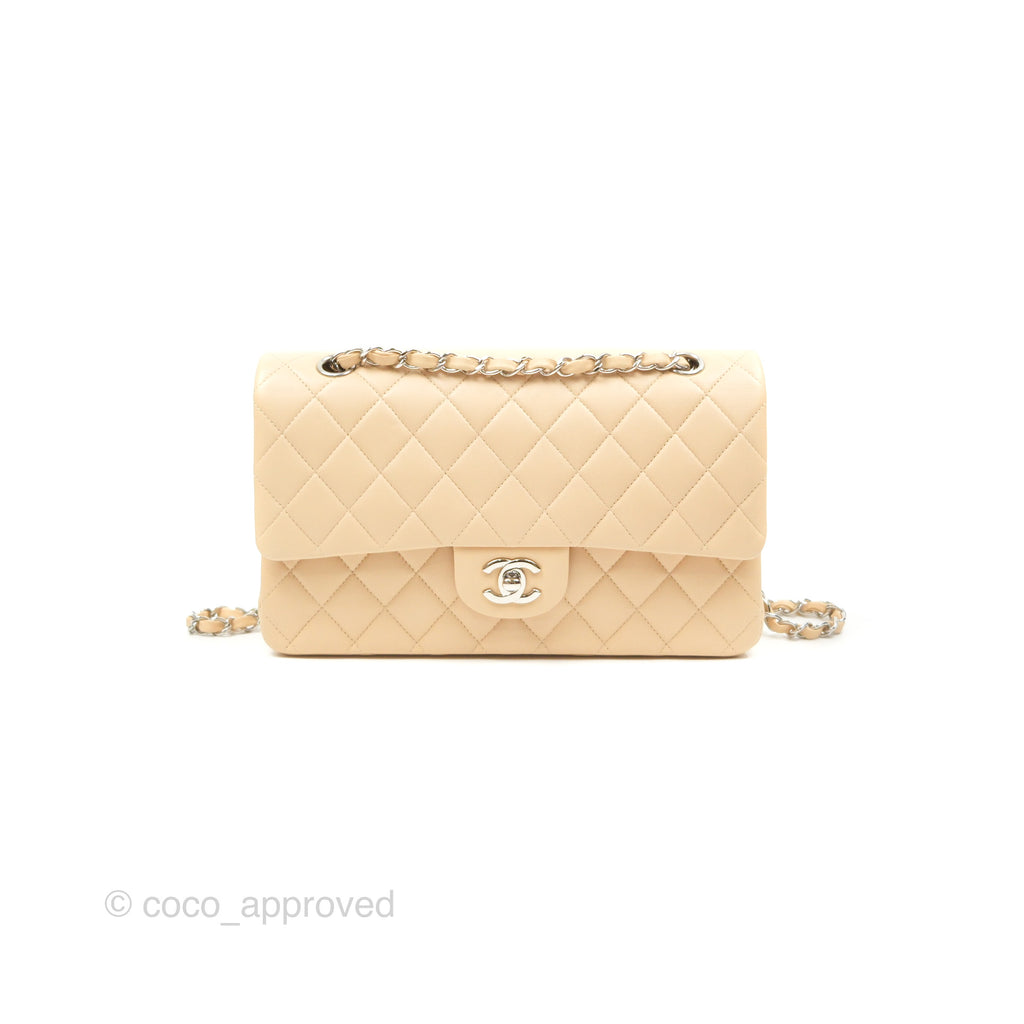 Chanel Classic M/L Medium Flap Quilted Beige Lambskin Silver Hardware