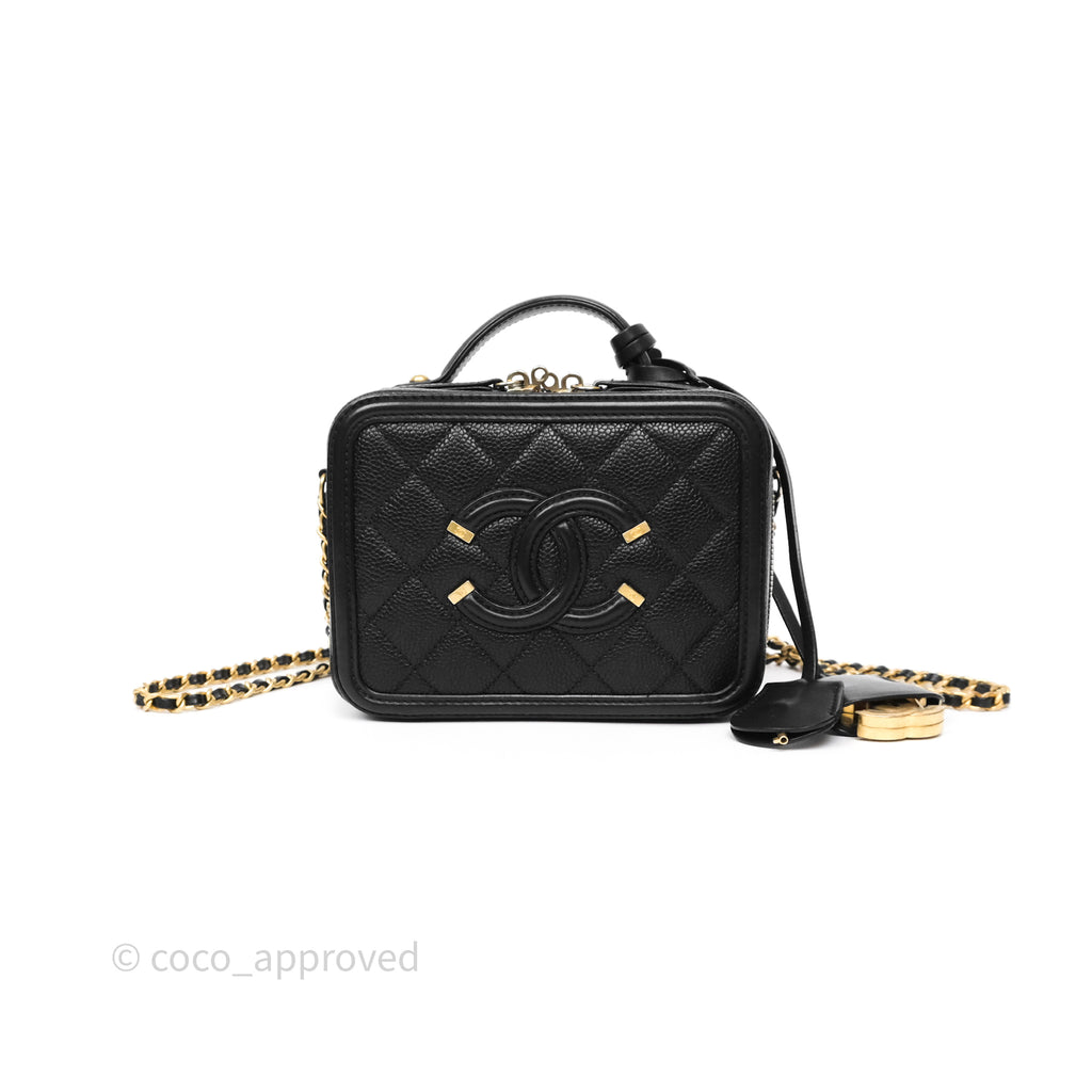 Chanel Small CC Filigree Vanity Case Black Caviar Aged Gold Hardware