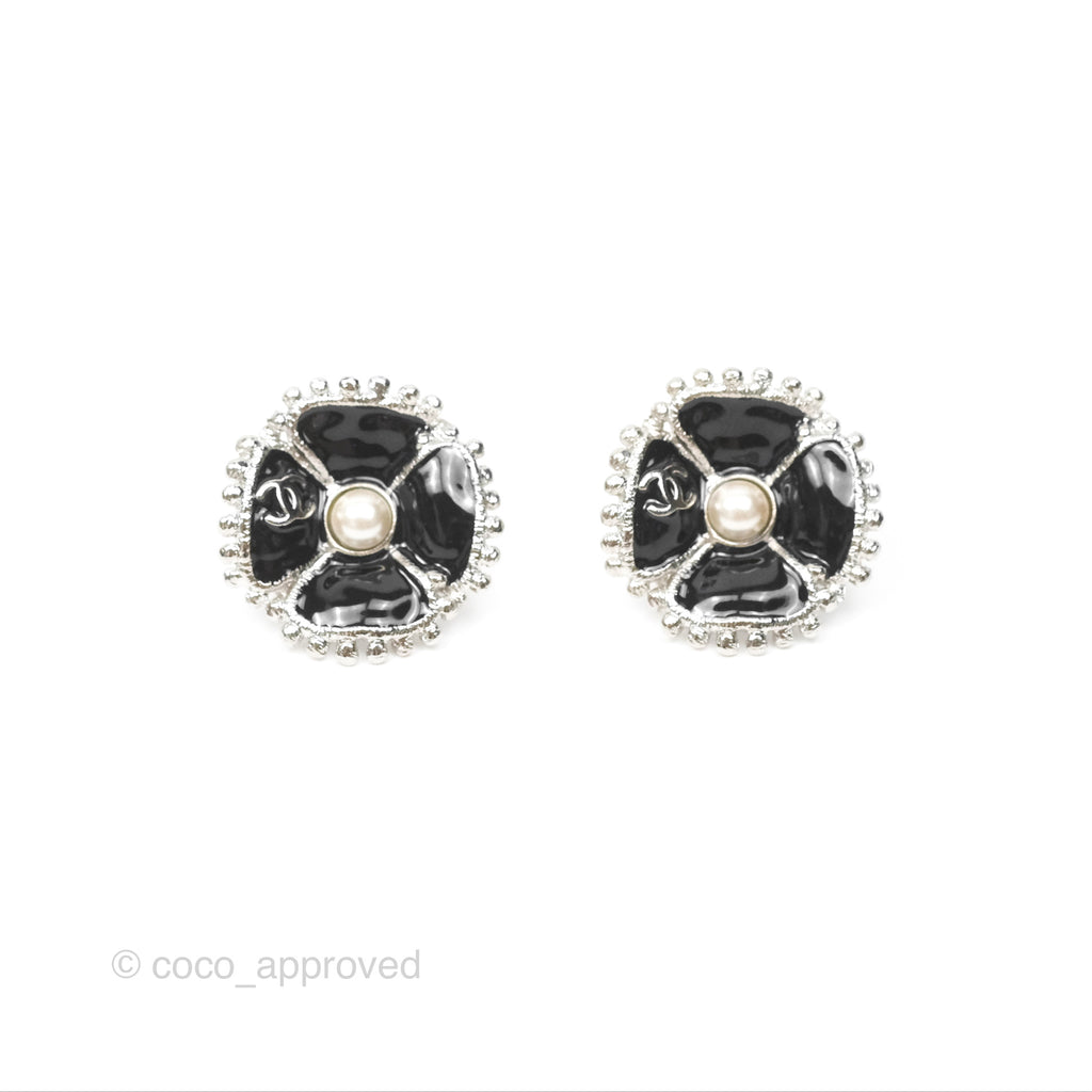 Chanel Camellia Pearl Black Earrings Silver Tone 23K