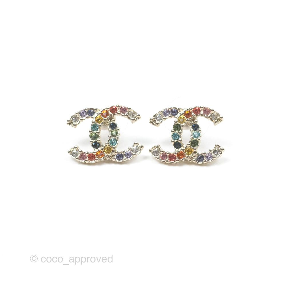 Chanel Crystal CC Earrings Rainbow Gold Tone 21V