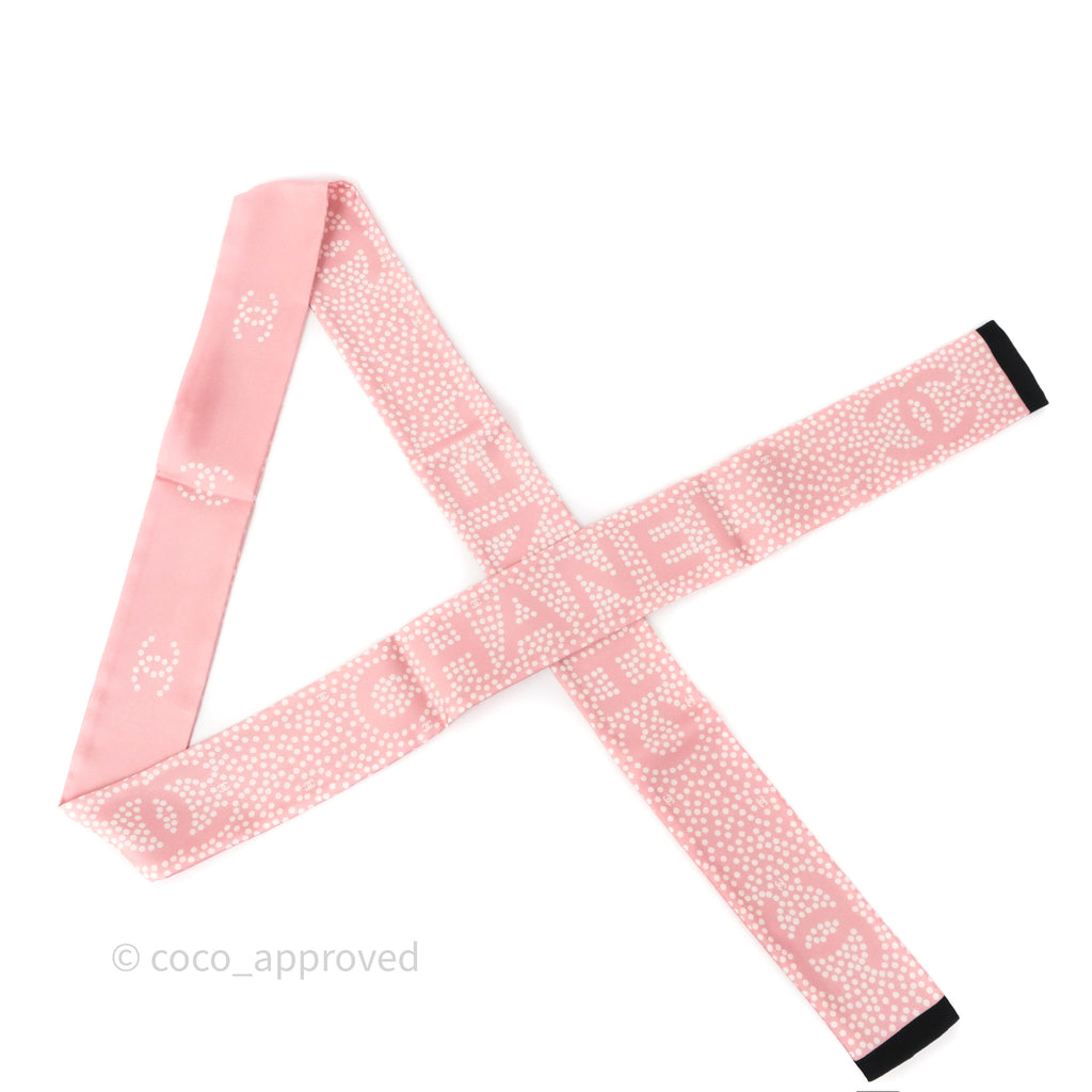 Chanel Logo Polka Dot Silk Twilly Pink White