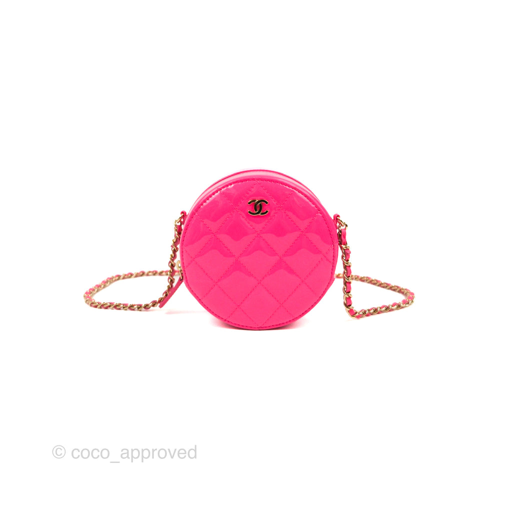 Chanel Classic Quilted Round Clutch Neon Pink Patent Gold Hardware