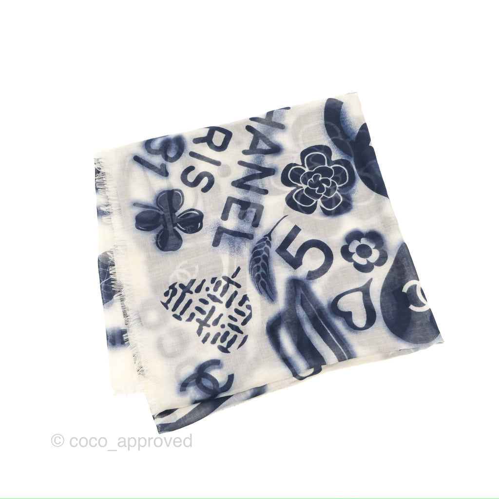 Chanel Square Cashmere Silk Scarf 140 Navy/White