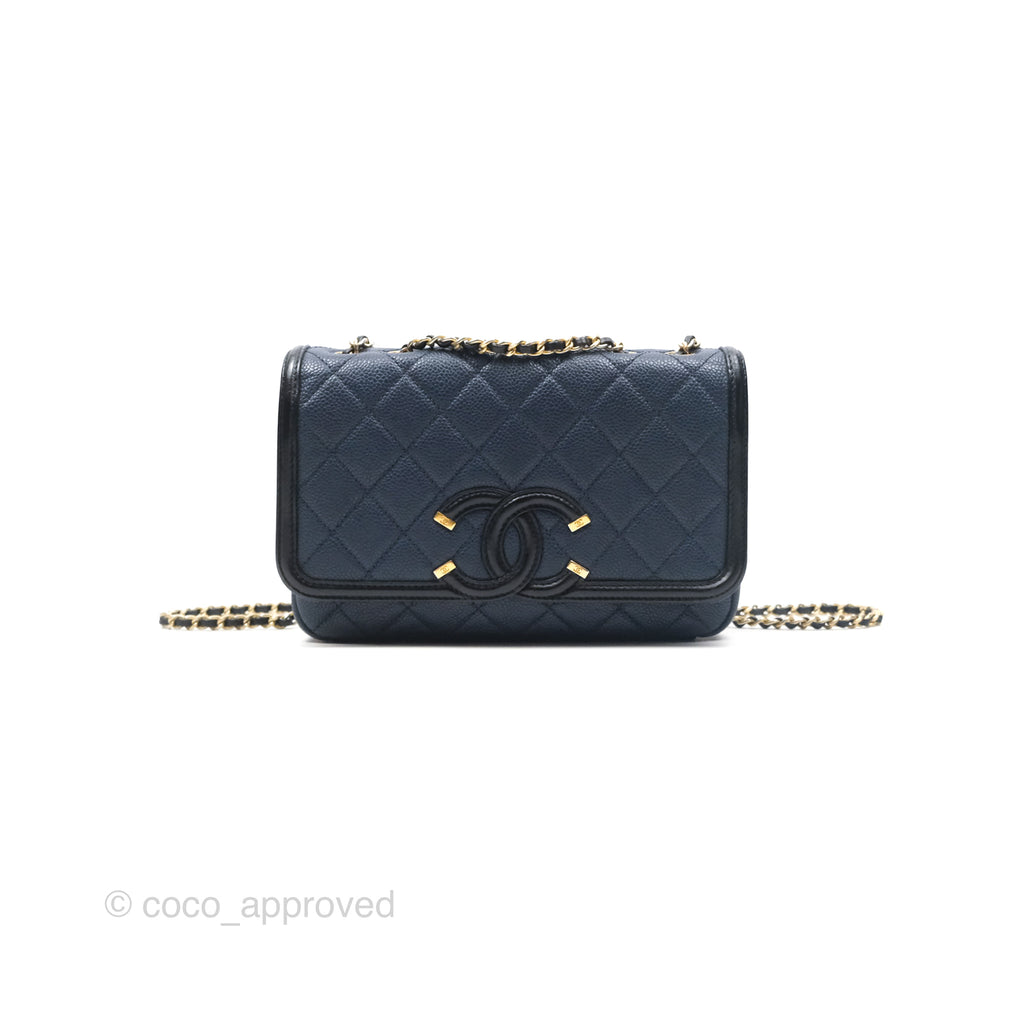 Chanel Small CC Filigree Flap Quilted Navy Black Caviar Aged Gold Hardware