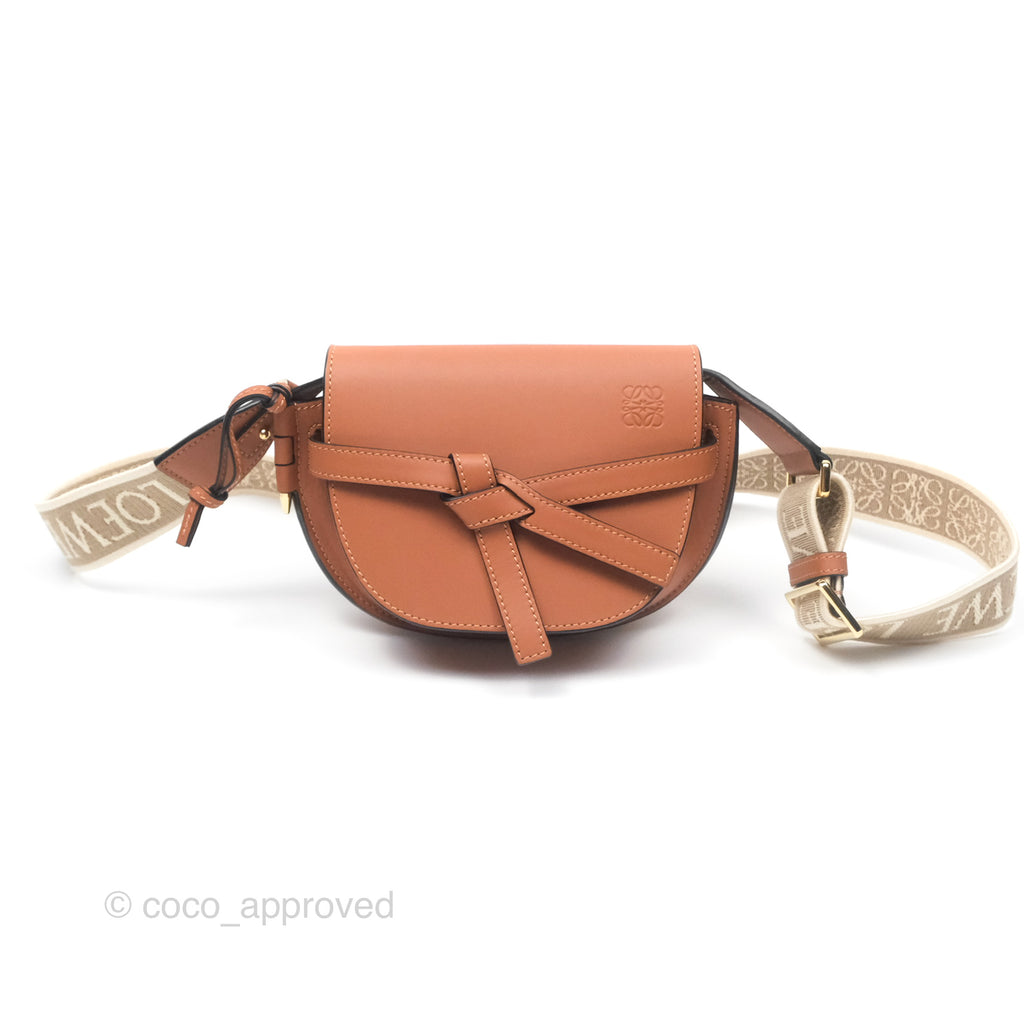 Loewe Mini Gate Dual Bag in Soft Calfskin & Jacquard Strap Tan