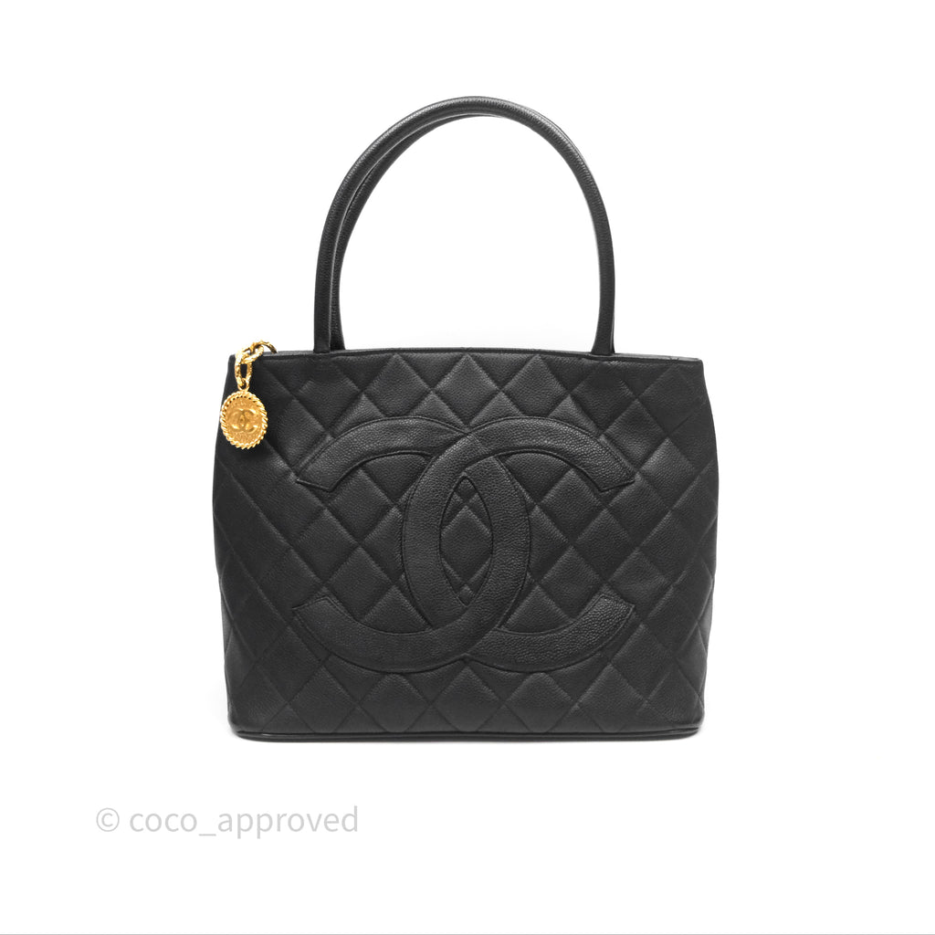 Chanel Vintage Medallion CC Black Caviar Tote Bag Gold Hardware