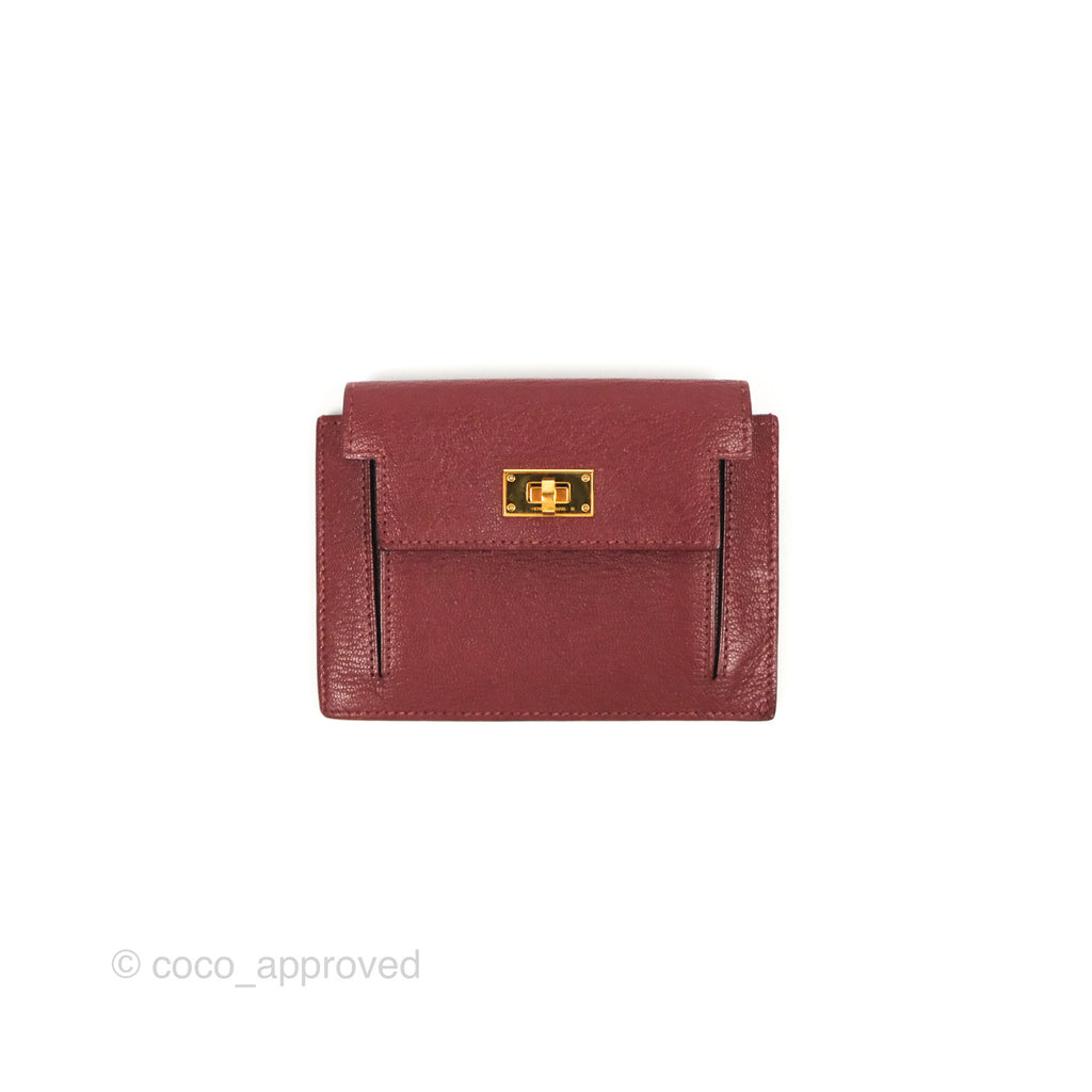 Hermès Kelly Pocket Compact Wallet Chevre Mysore Dark Red Gold Hardware