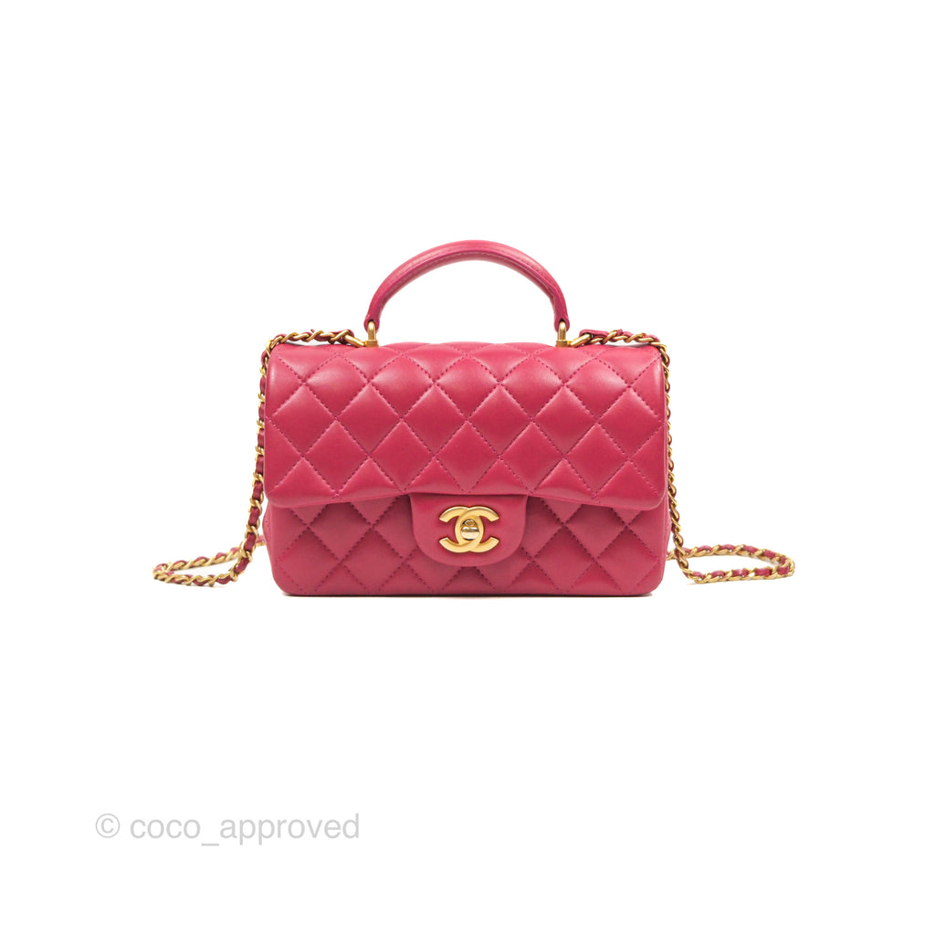 Chanel Top Handle Mini Rectangular Flap Bag Berry Red Lambskin Aged Gold Hardware