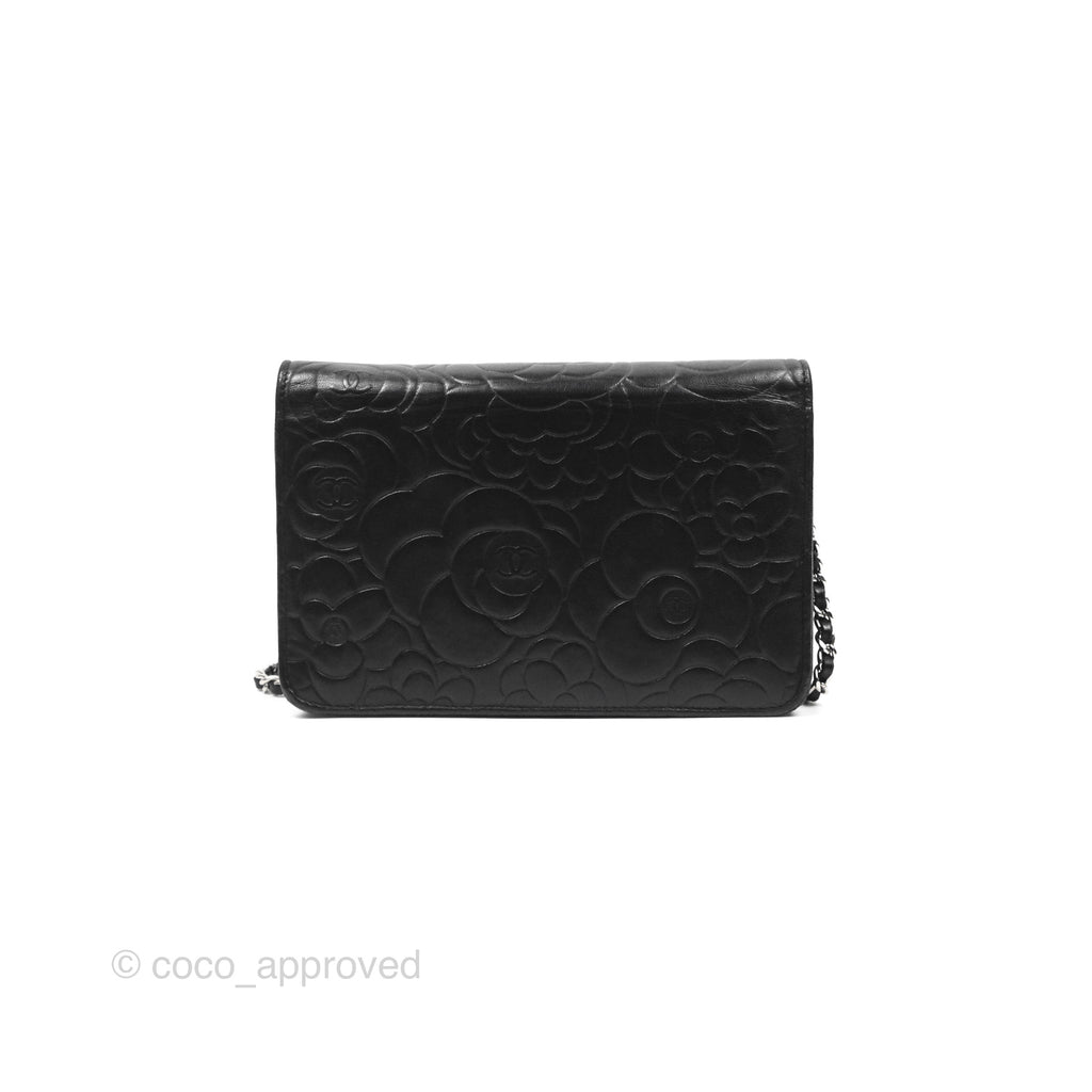 Chanel Camellia Embossed Wallet on Chain WOC Black Lambskin Silver Hardware