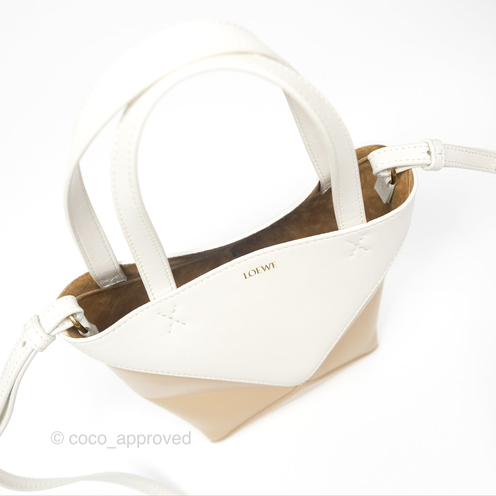 Loewe Mini Puzzle Fold Tote In Shiny Calfskin Soft White/ Paper Craft