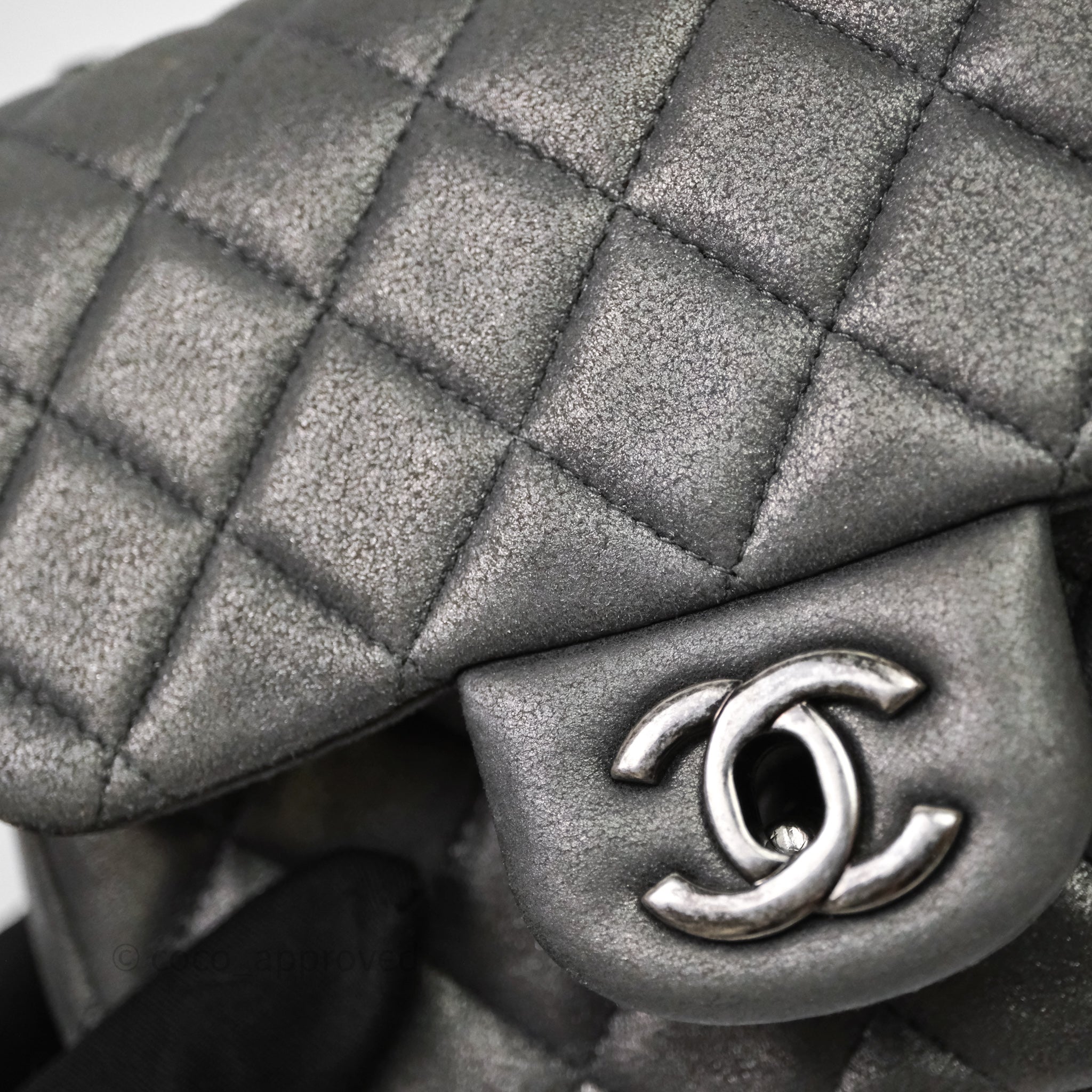 Chanel Mini Square Iridescent Grey Suede Gun Metal Hardware – Coco