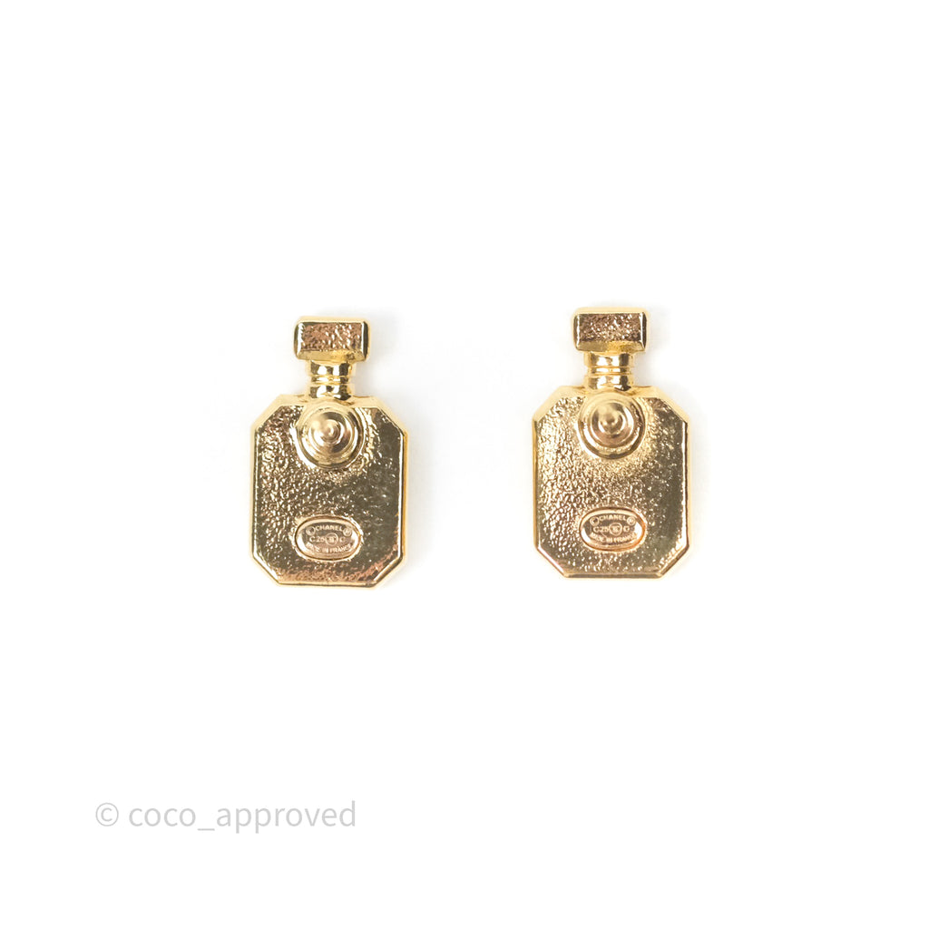 Chanel CC White Perfume Bottle Earrings Gold Tone 25C