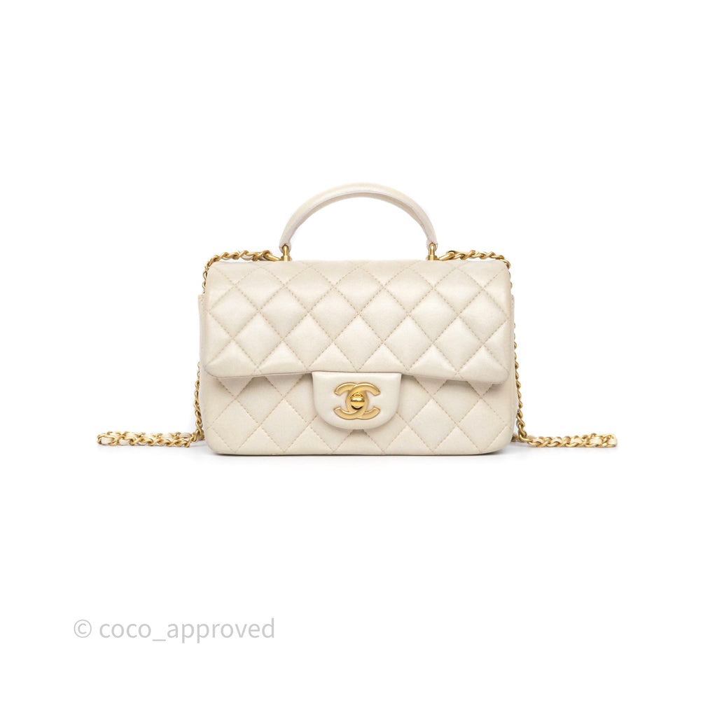 Chanel Top Handle Mini Rectangular Flap Pearly Beige Oat Lambskin Aged Gold Hardware