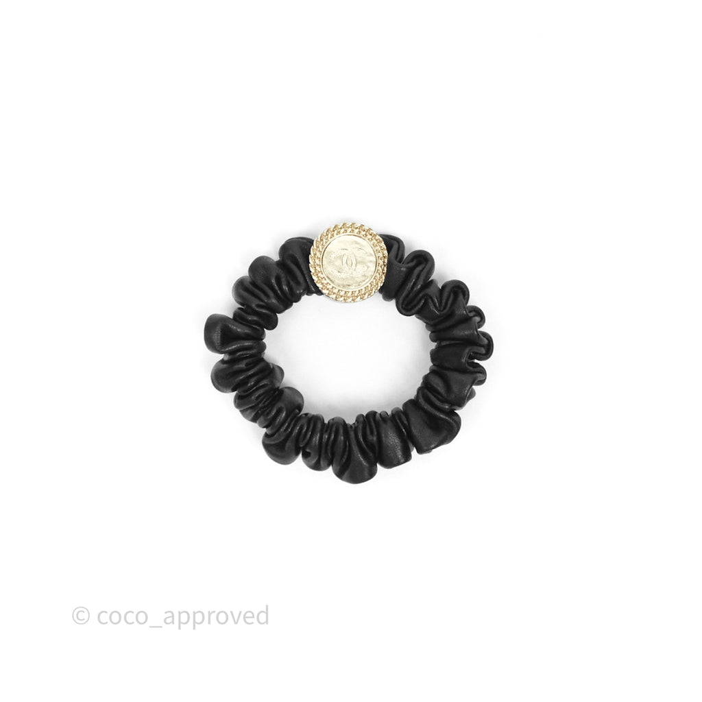Chanel CC Black Leather Scrunchie Hair Accessory Gold Tone 22P