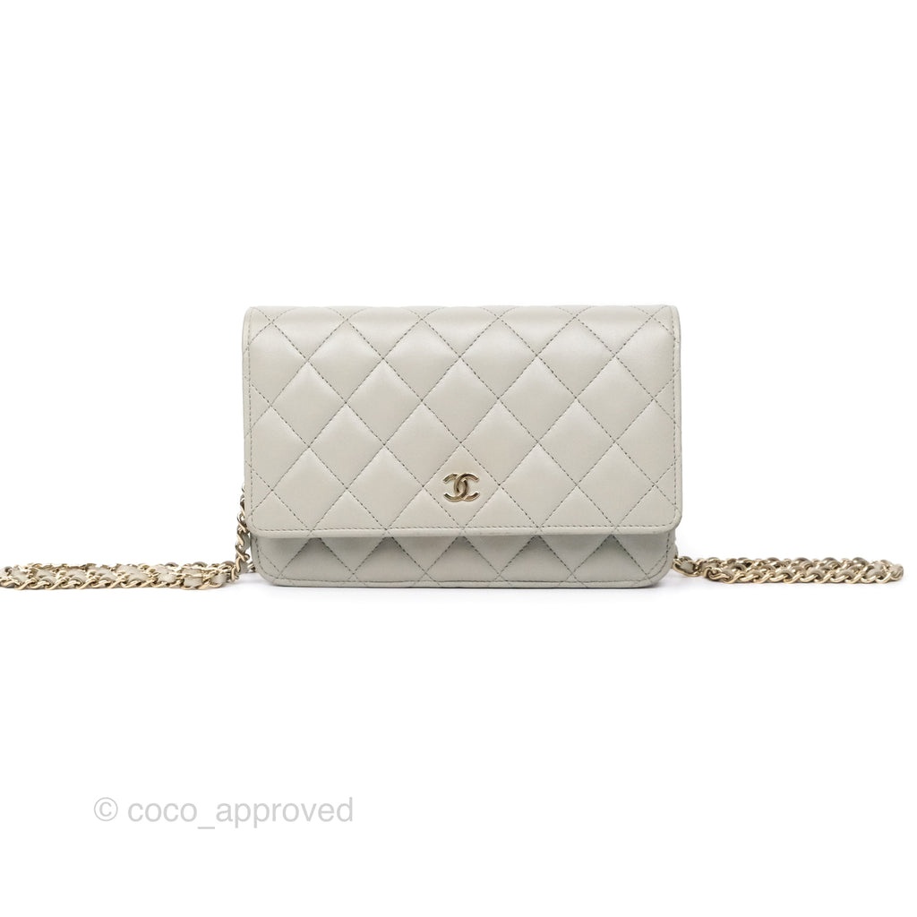 Chanel Classic Quilted Wallet on Chain WOC Light Grey Lambskin Gold Hardware