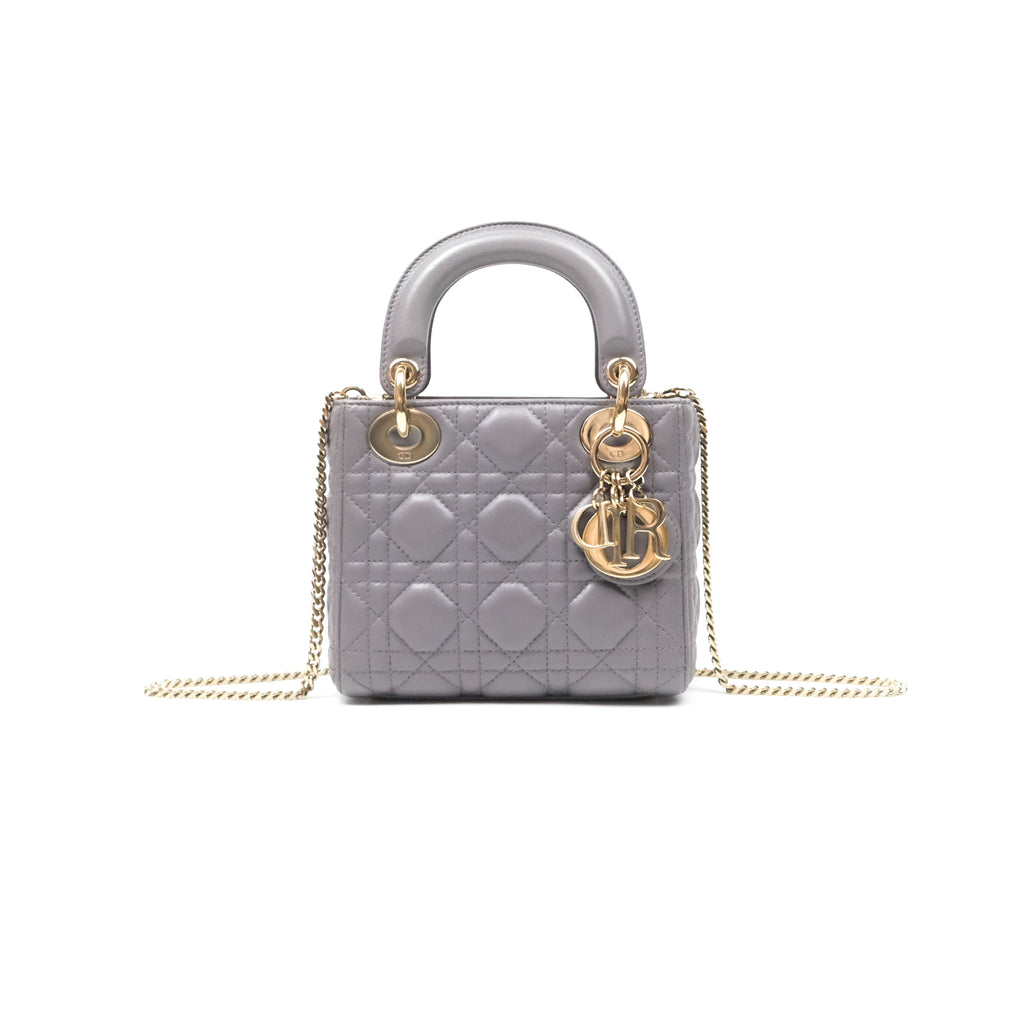 Christian Dior Mini Lady Dior Grey Lambskin Cannage Gold Hardware