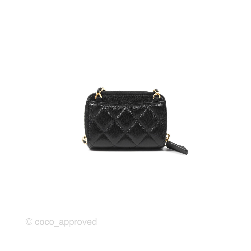 Chanel Miss Coco Quilted Zip Card Holder on Chain Black Caviar Gold Hardware