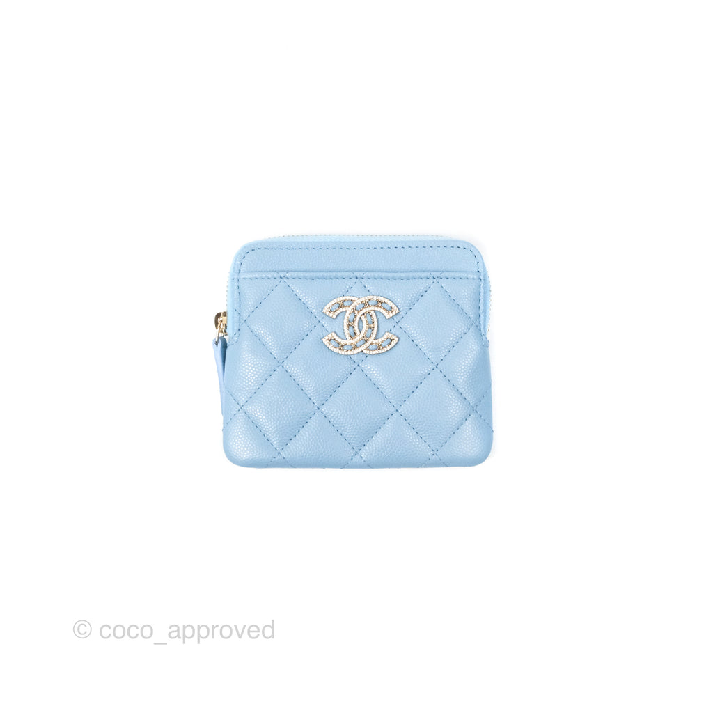 Chanel Quilted Crystal CC Zip Card Holder Wallet Light Blue Caviar Gold Hardware