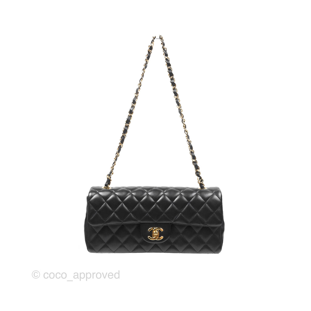 Chanel Quilted East West Flap Bag Black Lambskin Gold Hardware