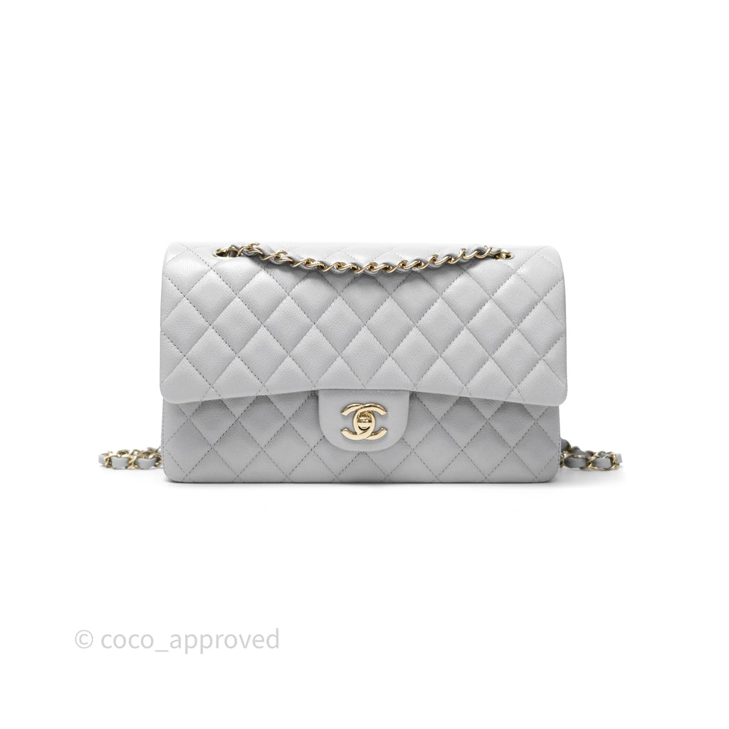 Chanel M/L Medium Classic Flap Quilted Grey Caviar Gold Hardware