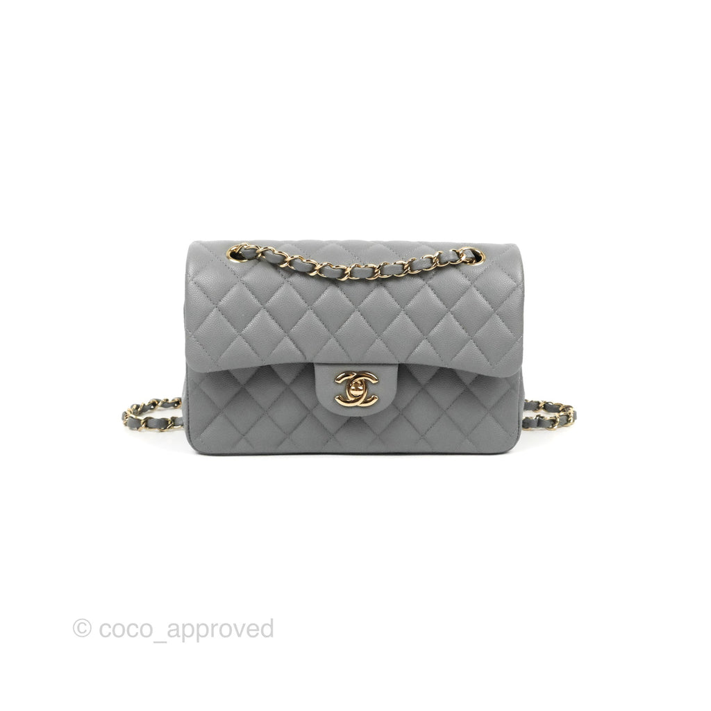 Chanel Small Classic Quilted Flap Grey Caviar Gold Hardware