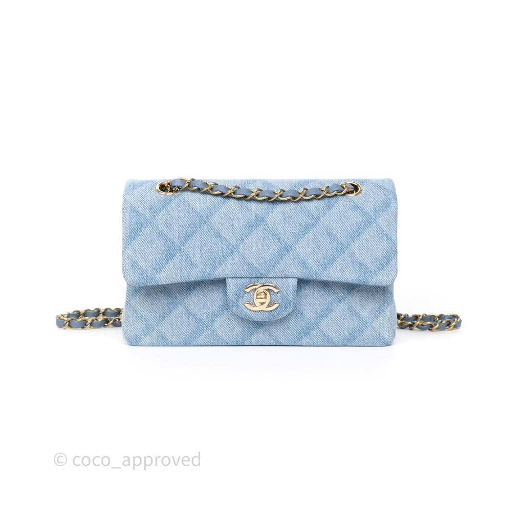 Chanel Quilted Small Double Flap Blue Printed Denim Gold Hardware